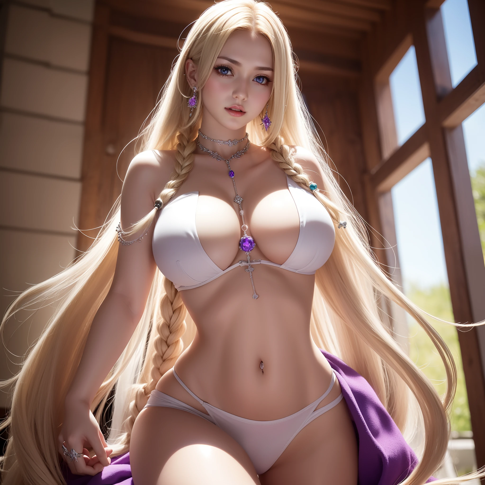 Hōroi (white) highest quality Big breasts Big butt Beautiful legs Thin waist Perfectly proportioned hands (blonde long hair single braid) Slim abdomen Adult woman realistic skin cleavage Woman crossing her arms in front of her chest Beautiful purple eyes Rosary on the neck Beautiful face Sunny coast