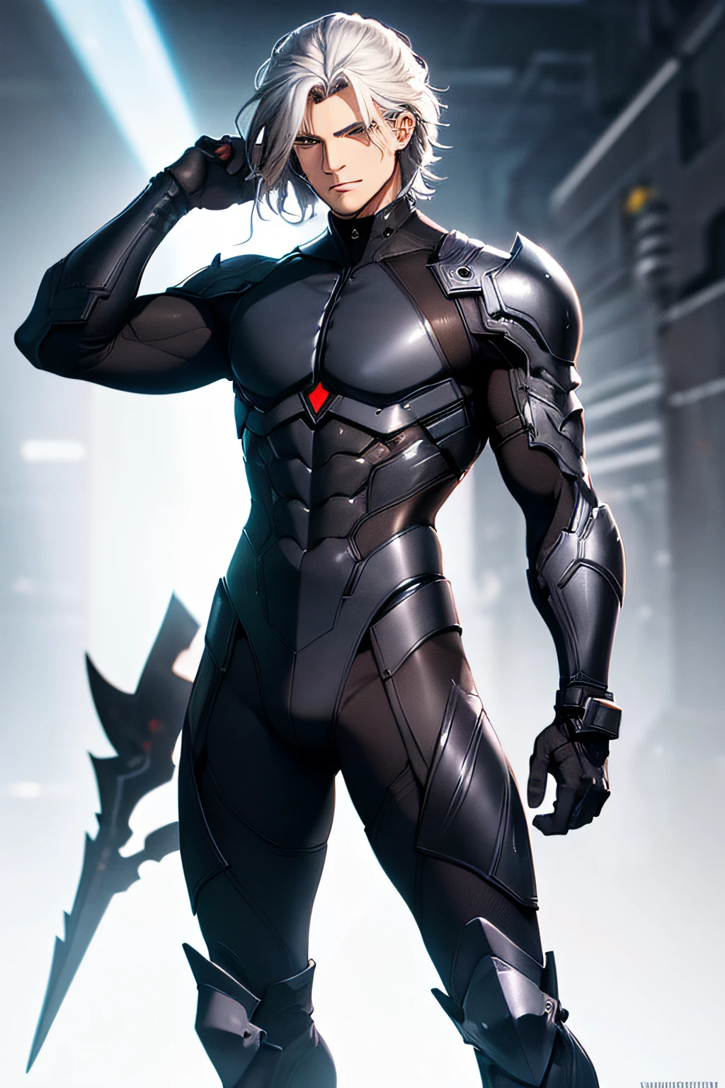 shoun,male people, Realistic face,cheveux gris courts,standing on your feet,Black slimming armor,raiden