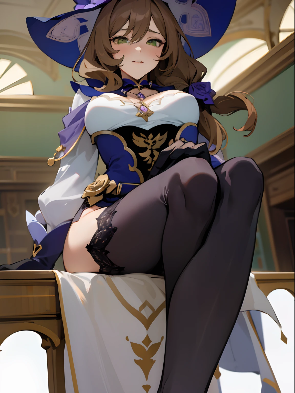 Masterpiece, perfect face, best quality, highest quality, perfect face, beautiful girl, giantess, anime giantess, lisa genshin impact, giantess woman , brown hair, biggest breasts, viewed from below, low angle, green eyes, giantess, indoors, inside, looking down at viewer, smug, leaning towards viewer, bulging breasts, lisa minci genshin impact, giantess, anime giantess, hot, sexy, beautiful girl, indoors, inside, leaning down, large breasts, bulging chest, flushed, lustful, milf, giantess, sensual, low angle, giantess, lusting, mature body, long legs, giantess, anime giantess, giantess growth, growing, witch, thigh high socks, chest growth