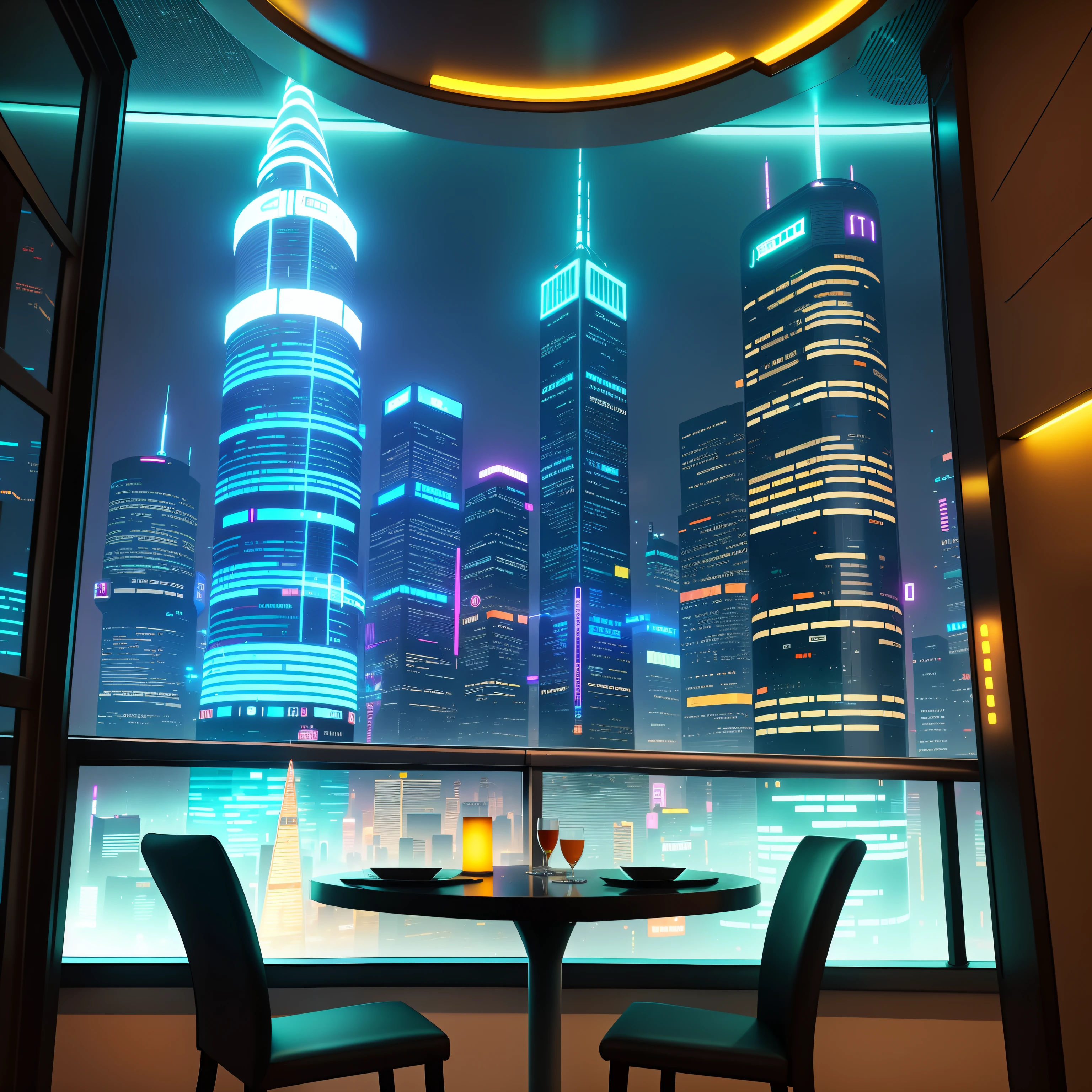 there are two chairs at a table with a view of the city, futuristic setting, cyberpunk apartment, the cyberpunk apartment, cyberpunk setting, bladerunner apartment, sci - fi scene future new york, futuristic cyberpunk scenario, vista of futuristic city, futuristic cyberpunk tokyo night, futuristic cityscape, cyberpunk interior, neon megacity in the background, in a cyberpunk setting