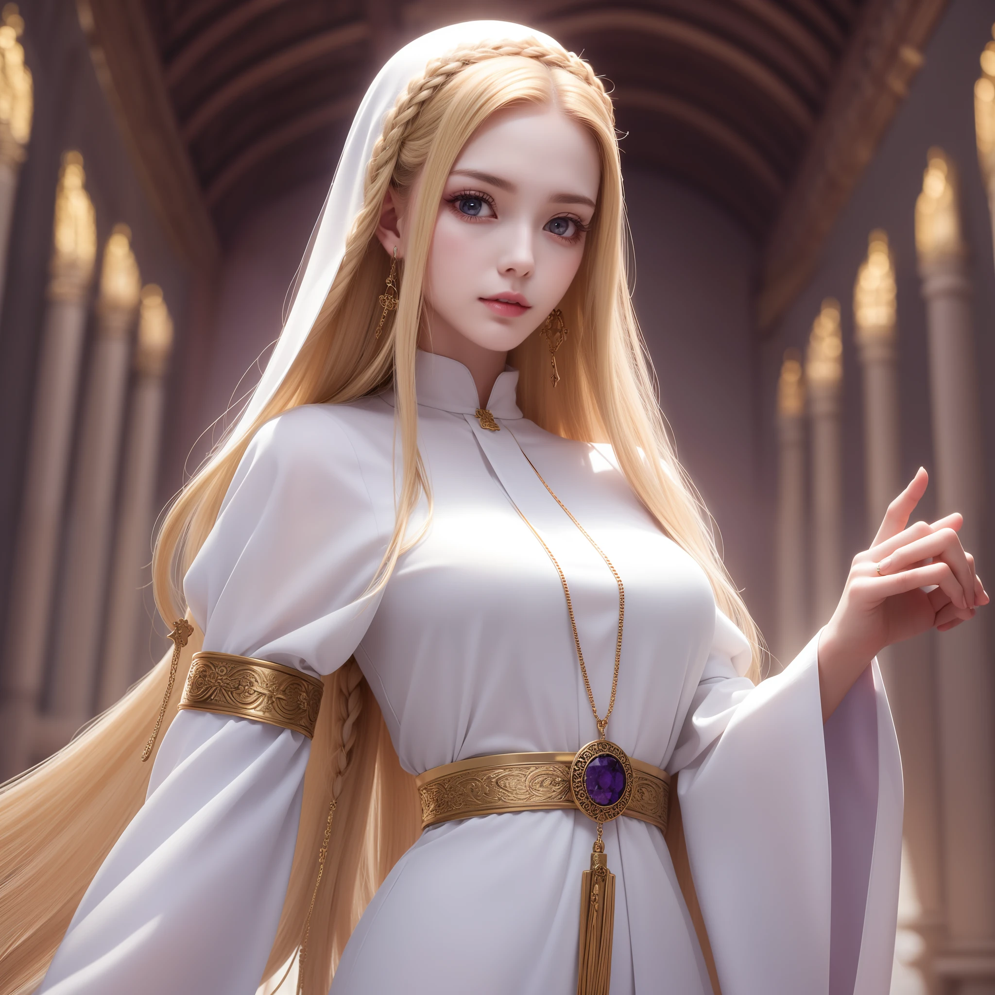 Monastic Uniform (White) Top Quality Slender waist Perfectly proportioned hands (blonde long hair single braid) Slim abdomen Adult woman Realistic skin Beautiful purple eyes Rosary around the neck Beautiful face Woman praying in the temple