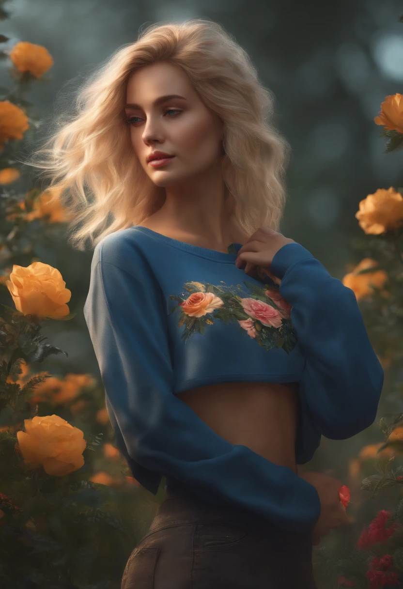 Realistic girl, blonde ,par le large, avec une fleur dans les cheveux, sweat-shirt, 4K , Cheveux courts