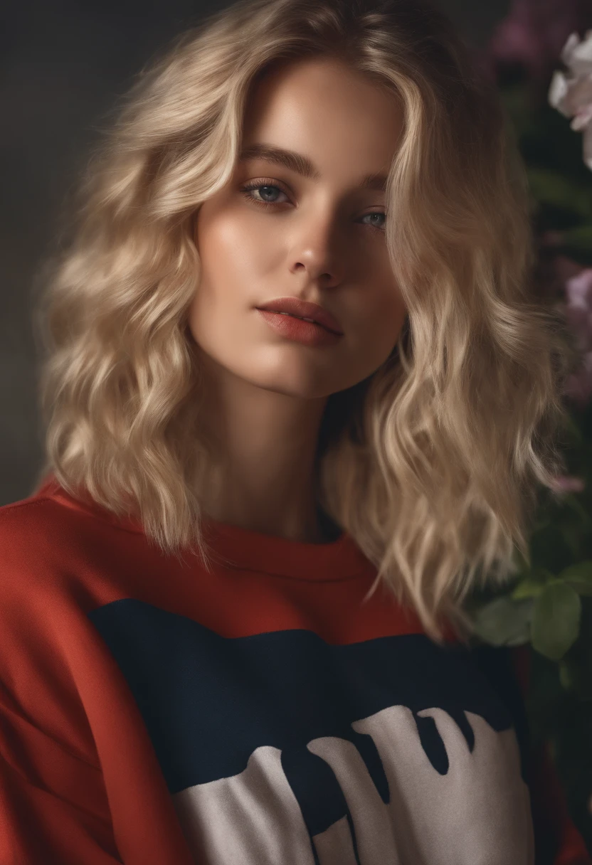 Realistic girl, blonde ,par le large, avec une fleur dans les cheveux, sweat-shirt, 4K , Cheveux courts