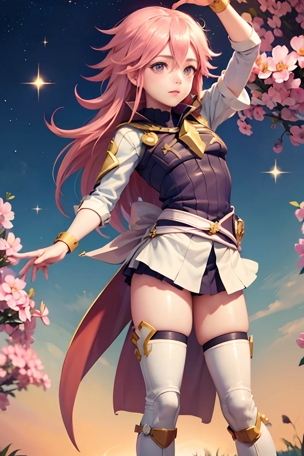 (Soleil from Fire Emblem)(sweet face) (full body) (heroine pose) (high quality)(flowers and sparkles in the background)