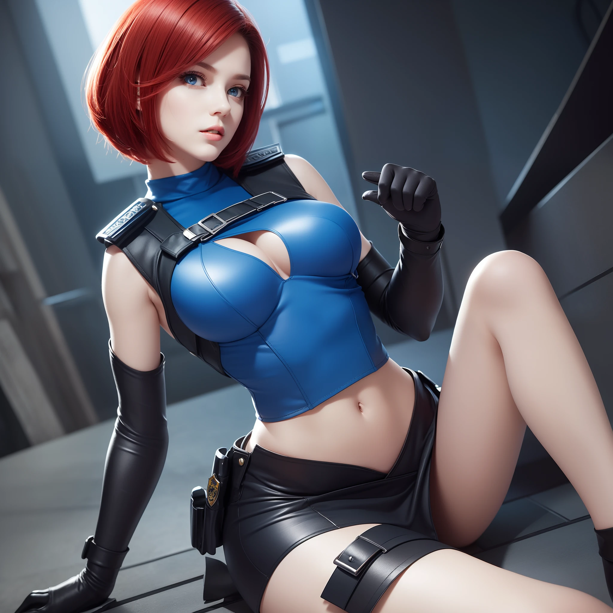(Police Officer Tight Skirt) Top Quality Slender waist Big breasts (Perfectly proportioned hands 1 thumb, 4 fingers) (Red hair Short Bob) Slim abdomen Adult woman Realistic skin Beautiful blue eyes Beautiful face Beautiful legs