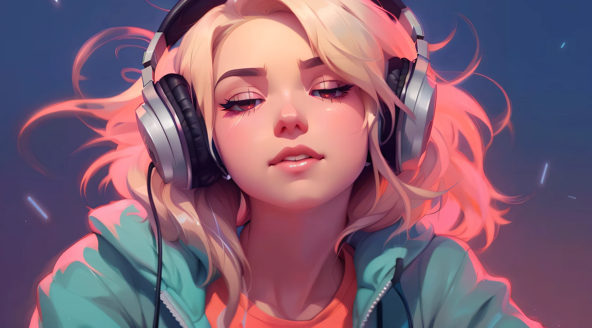 A girl with headphones in listening to music, Directed by: Tran Ross, Estilo Tran Ross, Tran Ross 8 K, Tran Ross!!!, inspirado em Tran Ross, Sem estilo Tran Ross, Loish e Tran Ross, Artgerm. anime illustration, Estilo Artgerm, com fones de ouvido, Directed by: Lois van Baarle, Artgerm e Atey Ghailan