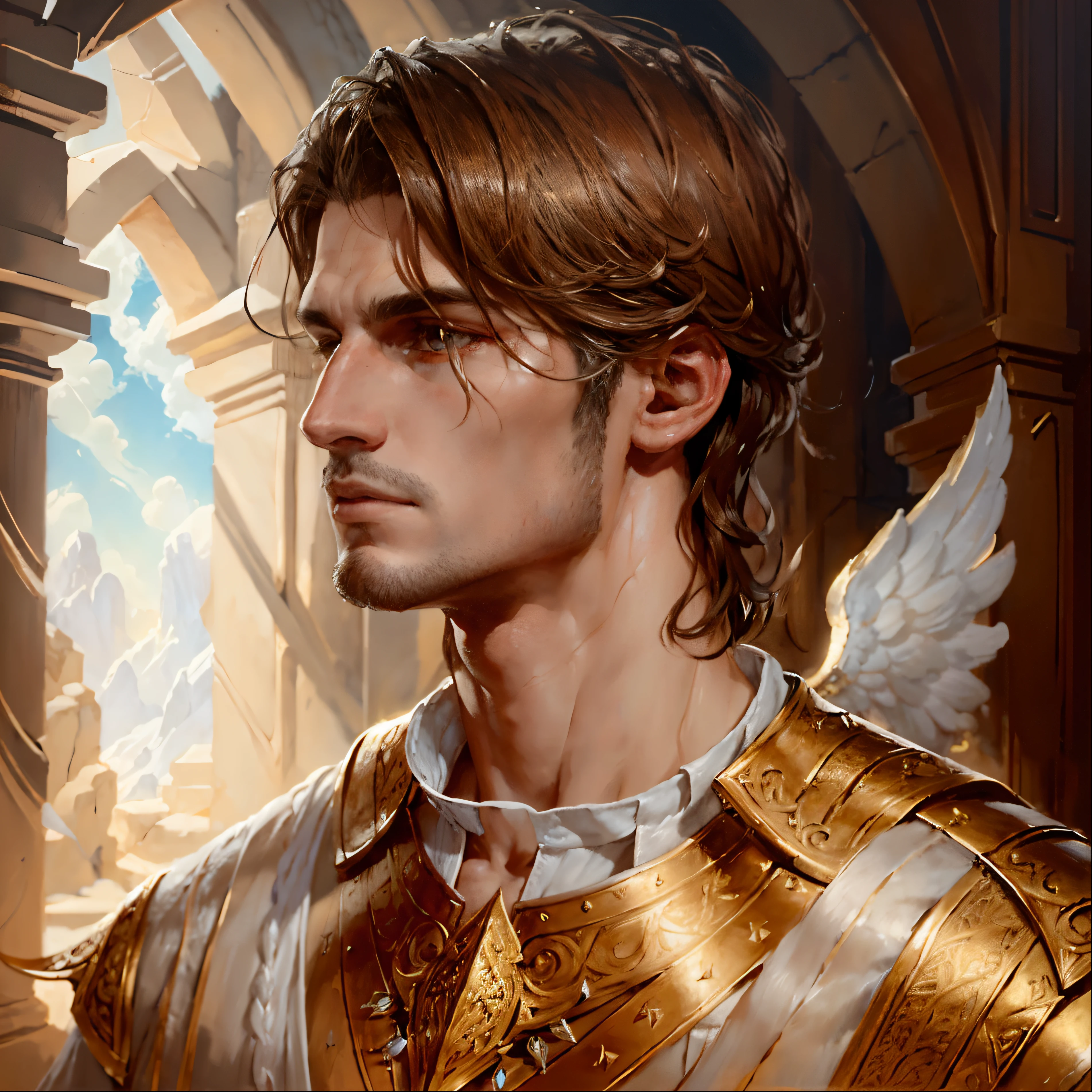 Up close portrait of a male angel, d & d, face, fantasy, intricate, elegant, highly detailed, digital painting, artstation, concept art, smooth, sharp focus, illustration,