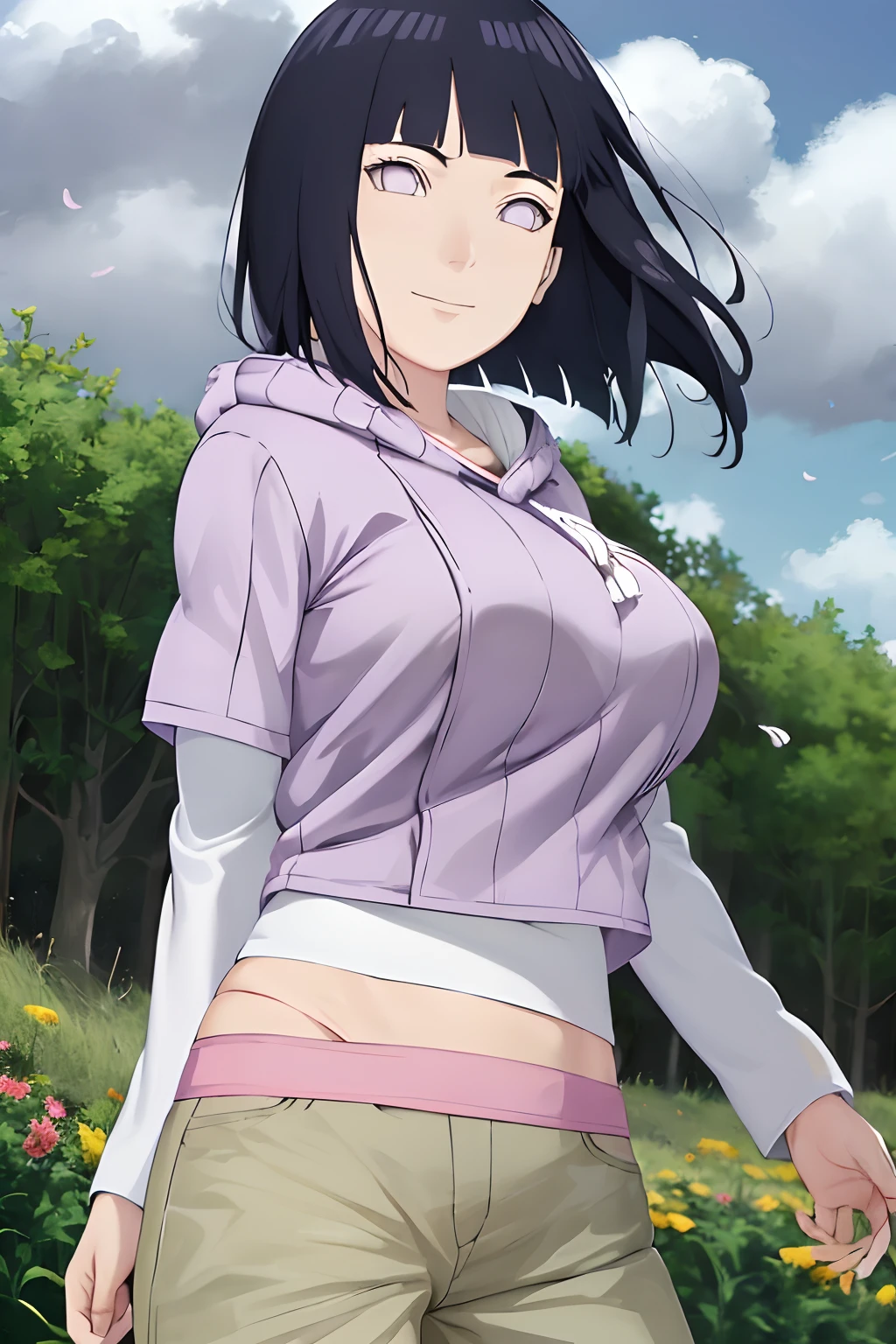 masterpiece, absurdres , (intricate details), (colorful),cinematic lighting,extremely detailed CG unity 8k wallpaper ,hinata\(boruto\), 1girl, solo, purple hoodie ,brown pants, from behind,layered sleeves, cowboy shot, looking back, looking at viewer,smile, outdoors, lavender flower field,flower, day, cloudy sky, wind, floating hair, falling petals, completely nude,