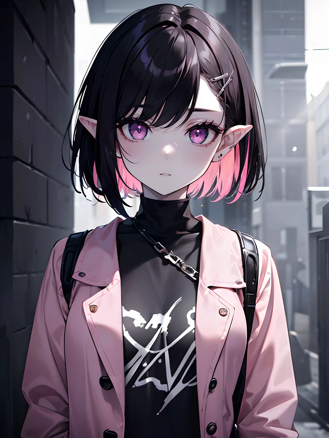 (masterpiece,best quality,ultra-detailed),1girl,messy hairstyle,thick hair,short hair,bob cut, (multicolored hair,pink and black hair, black hair),aesthetic hairstyle,pointy ears,(pale skin),pink outfit, beautiful and detailed face, detailed eyes, jacket, white shirt,pink Cardigan,rock punk fashion,night,fog,looking at viewer,small chest,((grey theme)),((rock punk theme)),street