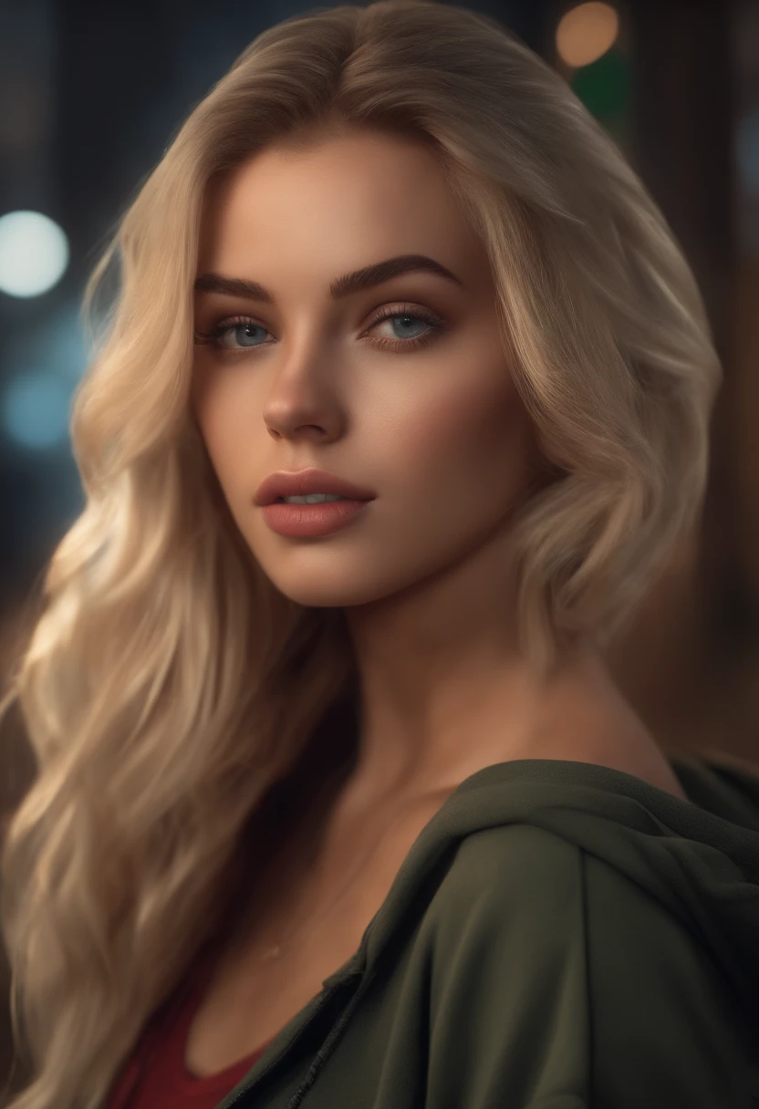 1 woman, inside a city at night, wearing a black dress, feminine blue-green brown eyes, clear detailed skin, large breasts, messy medium length golden blonde hair, dramatic lighting, cinematic composition, dark palette, dark colors, atmospheric haze, thin chin, soft face, serious face, beautiful woman, adult woman, ultra realistic, adult woman, (best quality, 4K, 8K, high resolution, art: 1.2), ultra detailed (realistic, photorealistic, photorealistic: 1.37)