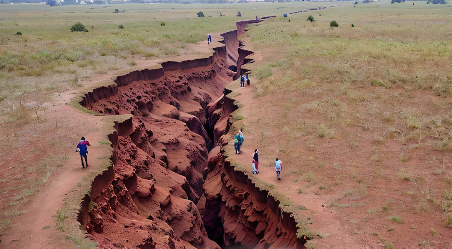 People are walking along a big crack in the ground, grandes rachaduras, abismo enorme, incredible depth, incredible depth, erosion, sumidouro profundo, amazing photo, dolina, Sinkholes, an amazing photo, Imagem absolutamente excepcional, Fissuras, Deslizamentos, terremoto, photograph credit: AP, aterrorizante, mas fascinante, fotografia de desastres, foto deslumbrante, rachaduras subsuperficiais