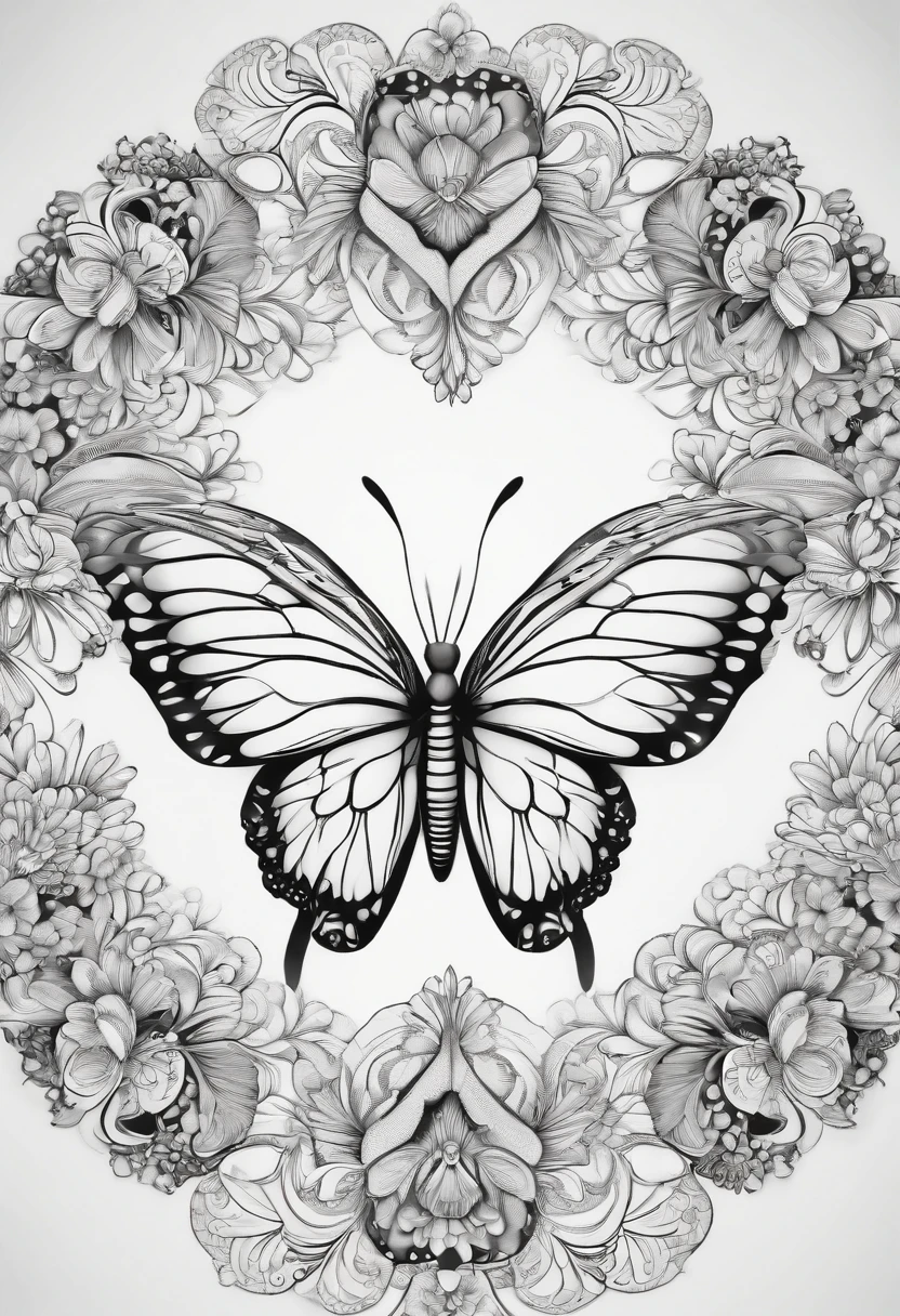 mandala style, butterfly, coloring book, clean line drawing, (((Black & White))), White Background.