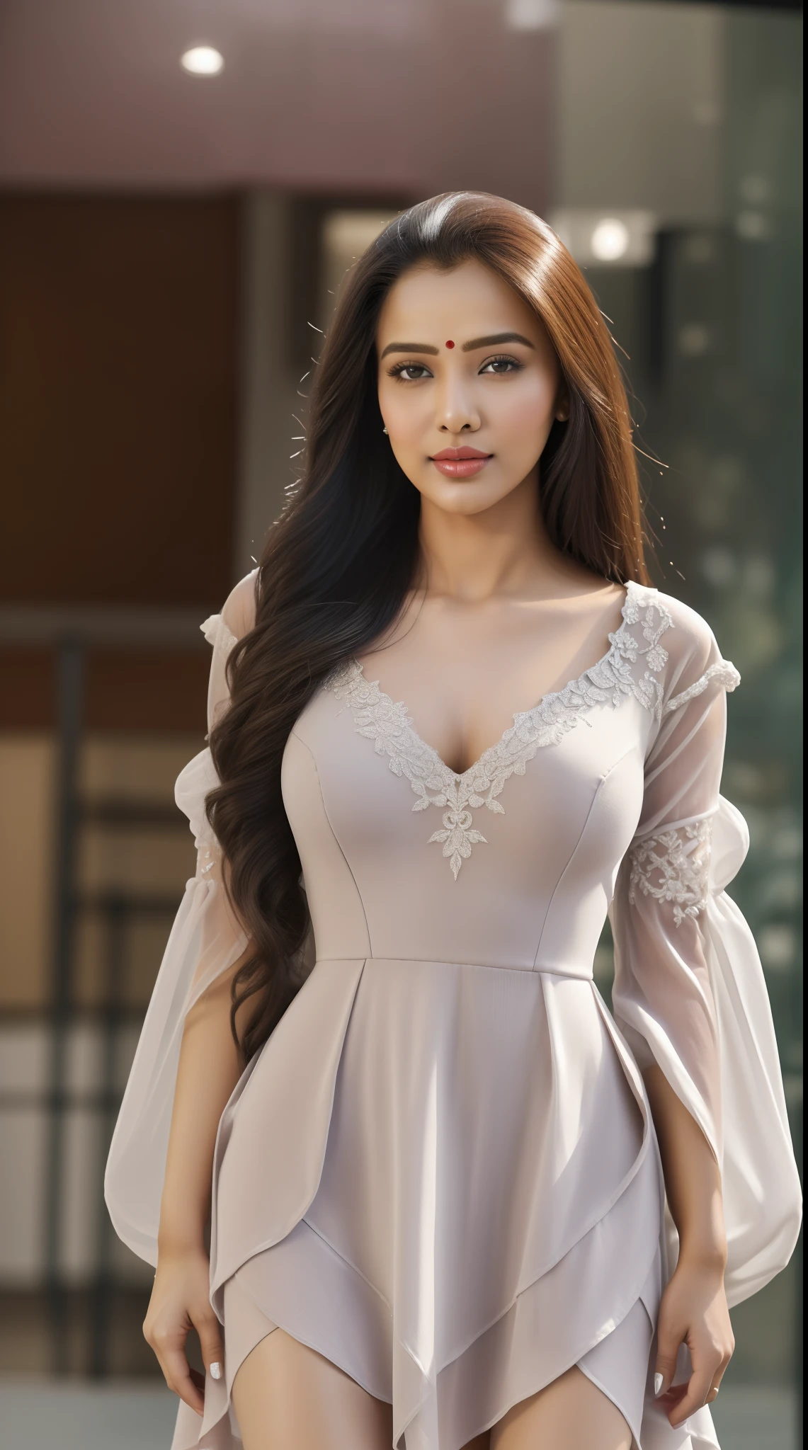 (full body shot:1.5), (Masterpiece:1.1), (Indian babe:1.5), inspired by Amy Jackson, she is in standing position, 1girl, solo girl, 18 year old girl, ultra realistic face, hyperrealistic, hyperdetailed, (looking at viewers), sharpen, detailed face, detailed eyes, detailed lips, red lips, beautiful face, 16k, FHD, raw photo, cute face mesh, pretty face mesh, girl in luxury office, beautiful hair style, ((elegant flared frocks with sleeves, asymmetrical frocks, embroidery flared frock, flared dress, princess looking, princess outfit, see-through)), intricate, extremely detailed, (long areola, close cleavage), scattering surface, ultra realistic texture, smooth skin, realistic face, glow lip, glow face, very_high_resolution, perfect figure, beautiful curved body, fit body, (elegant high heel), club hair ornament,