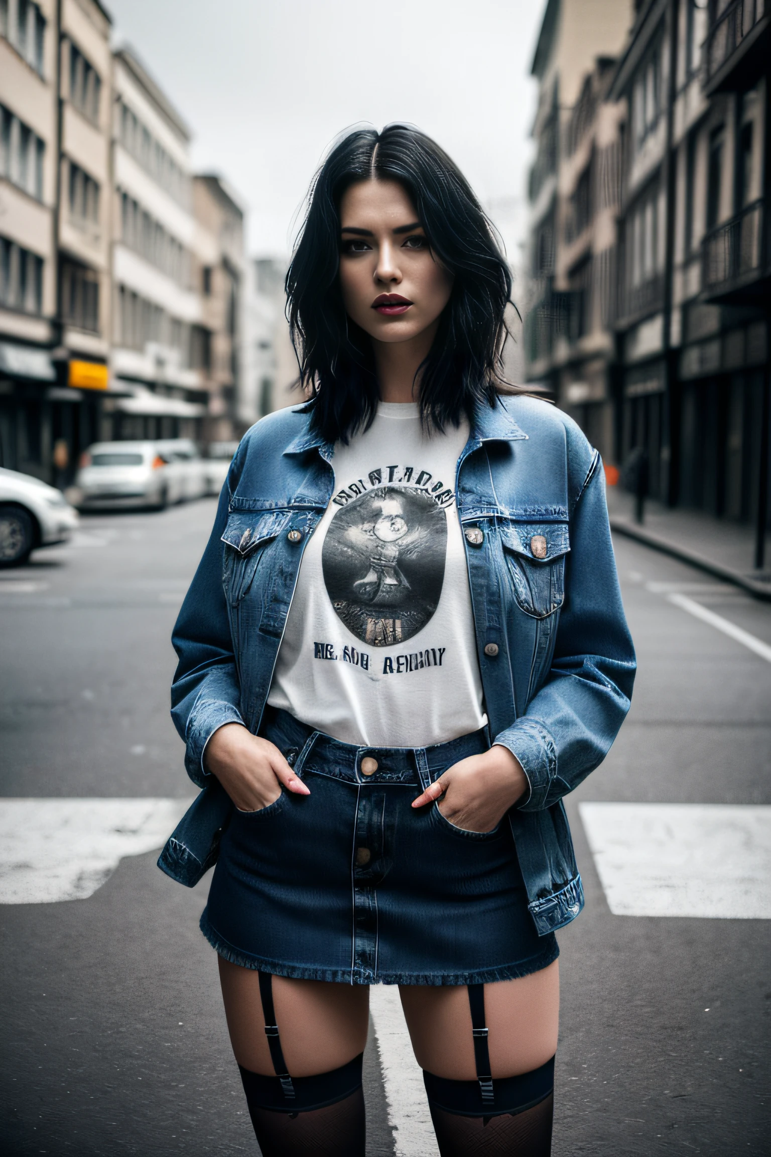 Woman outdoors in denim skirt, tshirt, and garter stockings revel in her shame. Bad reputation, Bad company, Tastelessness, provocation. (Best Quality,4k,8K,hight resolution,Masterpiece:1.2), Ultra-detailed, (Realistic,Photorealistic,photo-realistic:1.37), medium, Illustrations, street art, bright colours, dramatic lighting, Acrylic paint strokes, Urban Fashion Style, gloomy atmosphere, Rebellious Attitude.
