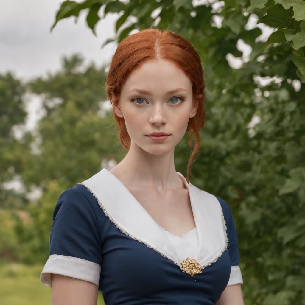 best quality, high detail, (detailed face), detailed eyes,((best quality, masterpiece)), (( caramel skinned ((ginger) (African)) mixed girl)), with (red hair) and (deep blue eyes) in school uniform, (arms at side:1.2), groin, small hip bones, loose hair, red hair, (((underboob))), standing, outdoors, facing camera