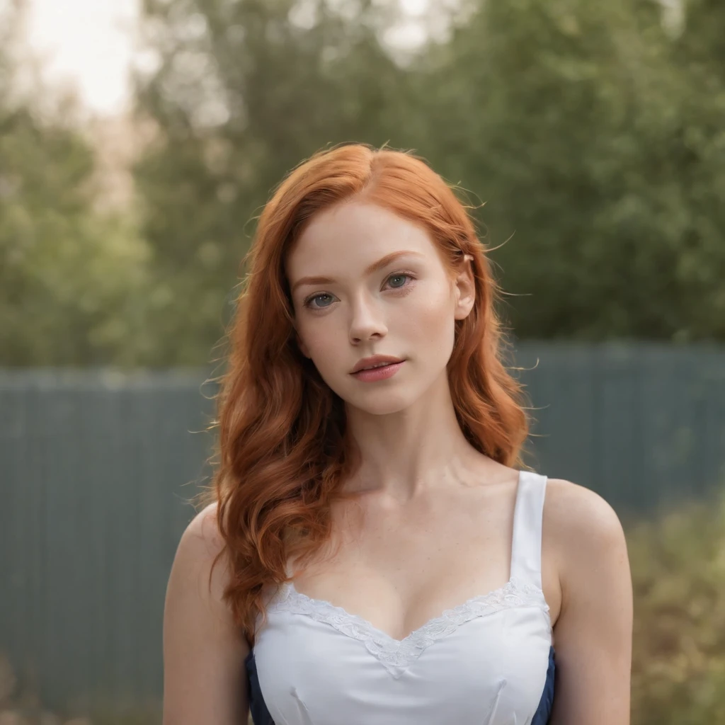 best quality, high detail, (detailed face), detailed eyes,((best quality, masterpiece)), (( caramel skinned ((ginger) (African)) mixed girl)), with (red hair) and (deep blue eyes) in school uniform, (arms at side:1.2), groin, small hip bones, loose hair, red hair, (((underboob))), standing, outdoors, facing camera