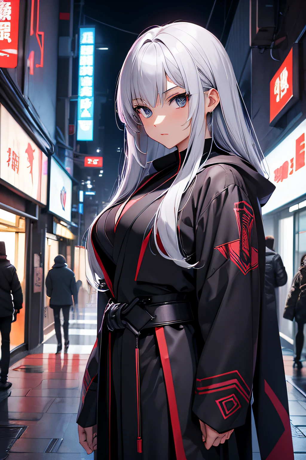 cyberfusion,The Shinsenmiya Haori Assassin wore a robe cloak,elite corporate security, Cyberpunk shopping area，teens girl，grey long hair