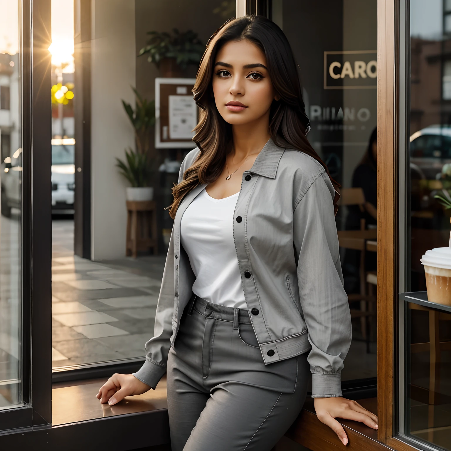 Beautiful Latina sipping a latte by a coffee shop window during sunset, piel clara, ojos marrones, cabello OSCURO, chaqueta de jean corta, collares, Grey shirt and black trousers, foto hiperrealista, Foto 8K, realista, detallado, senos grandes, caderas anchas