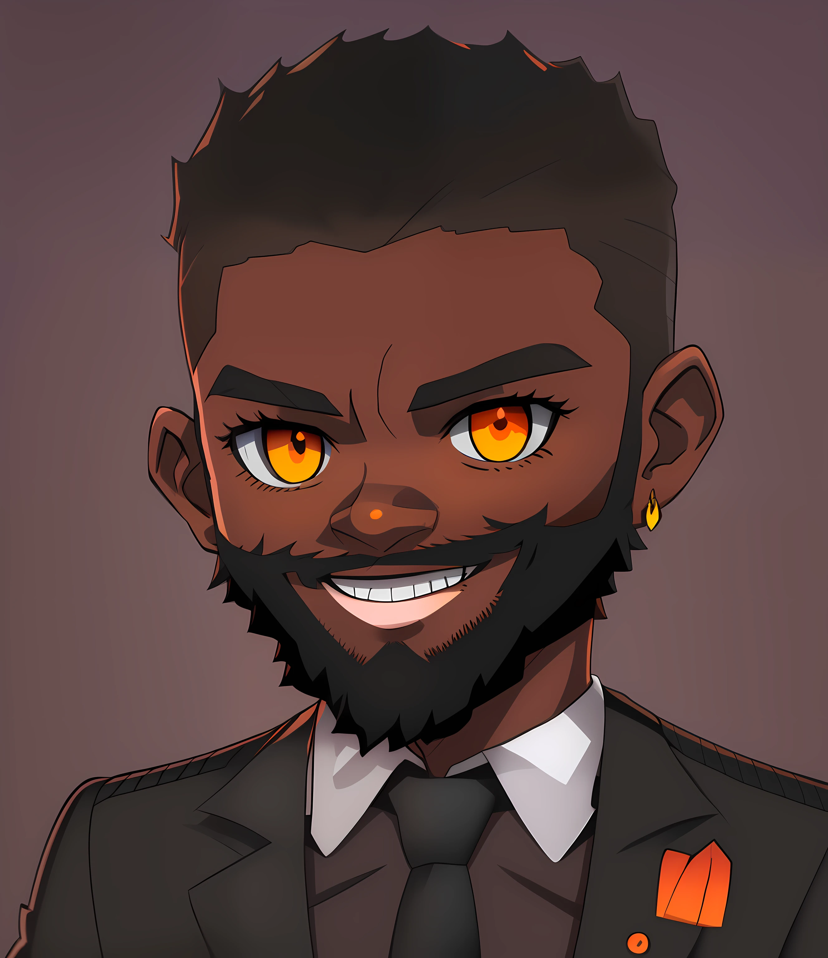 2D ART, BLACK MAN, ORANGE EYES,
BEARD, SMILING, CHIBI STYLE --V4