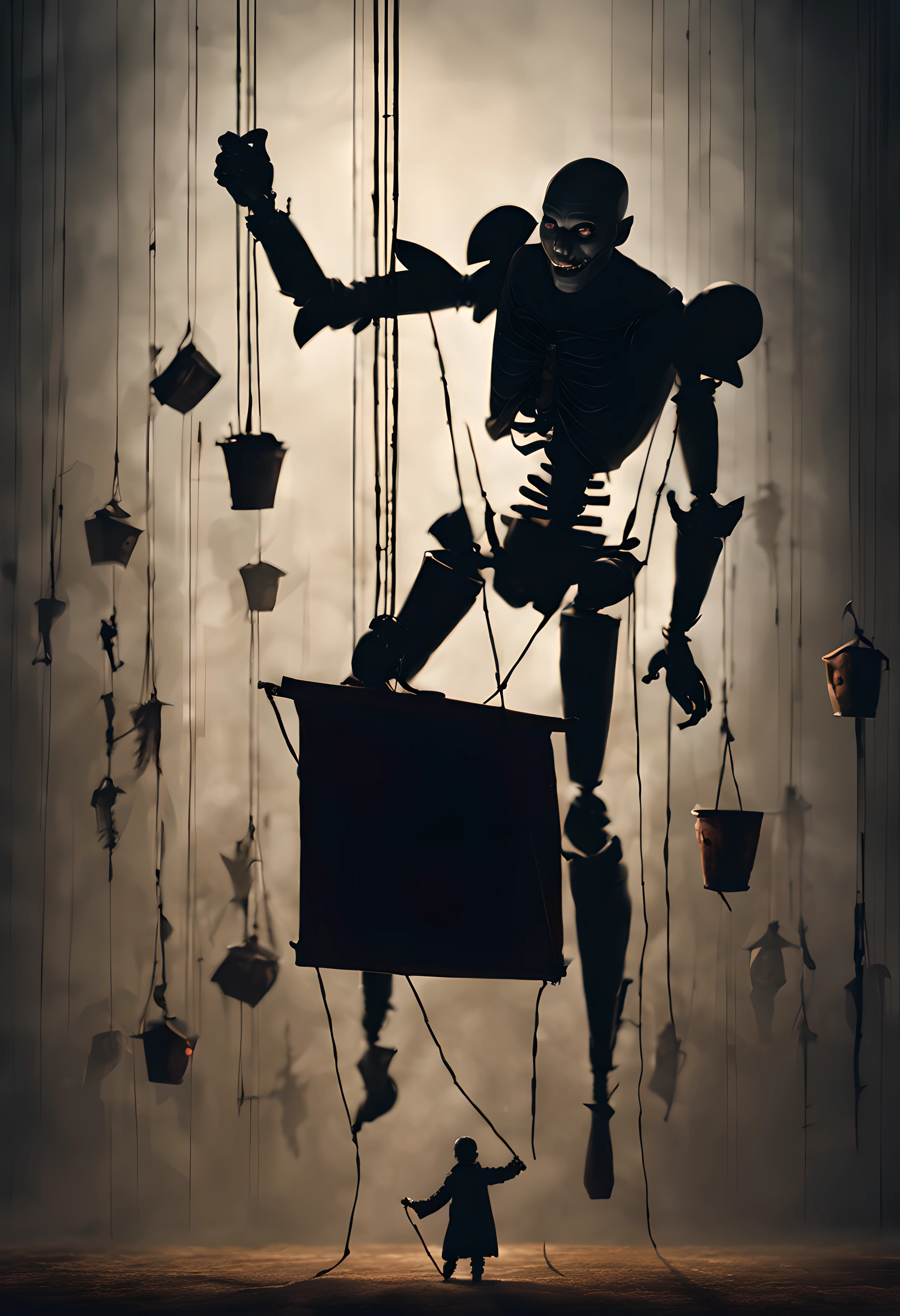 Craft an image of a puppeteer whose marionettes have come to life, their strings controlled by a sinister figure lurking in the shadows, pulling the strings of fate, ultra wide shot, fantasy horror art, photorealistic dark concept art, in style of dark fantasy art, detailed 4k horror artwork, stefan koidl inspired, ((stefan koidl))