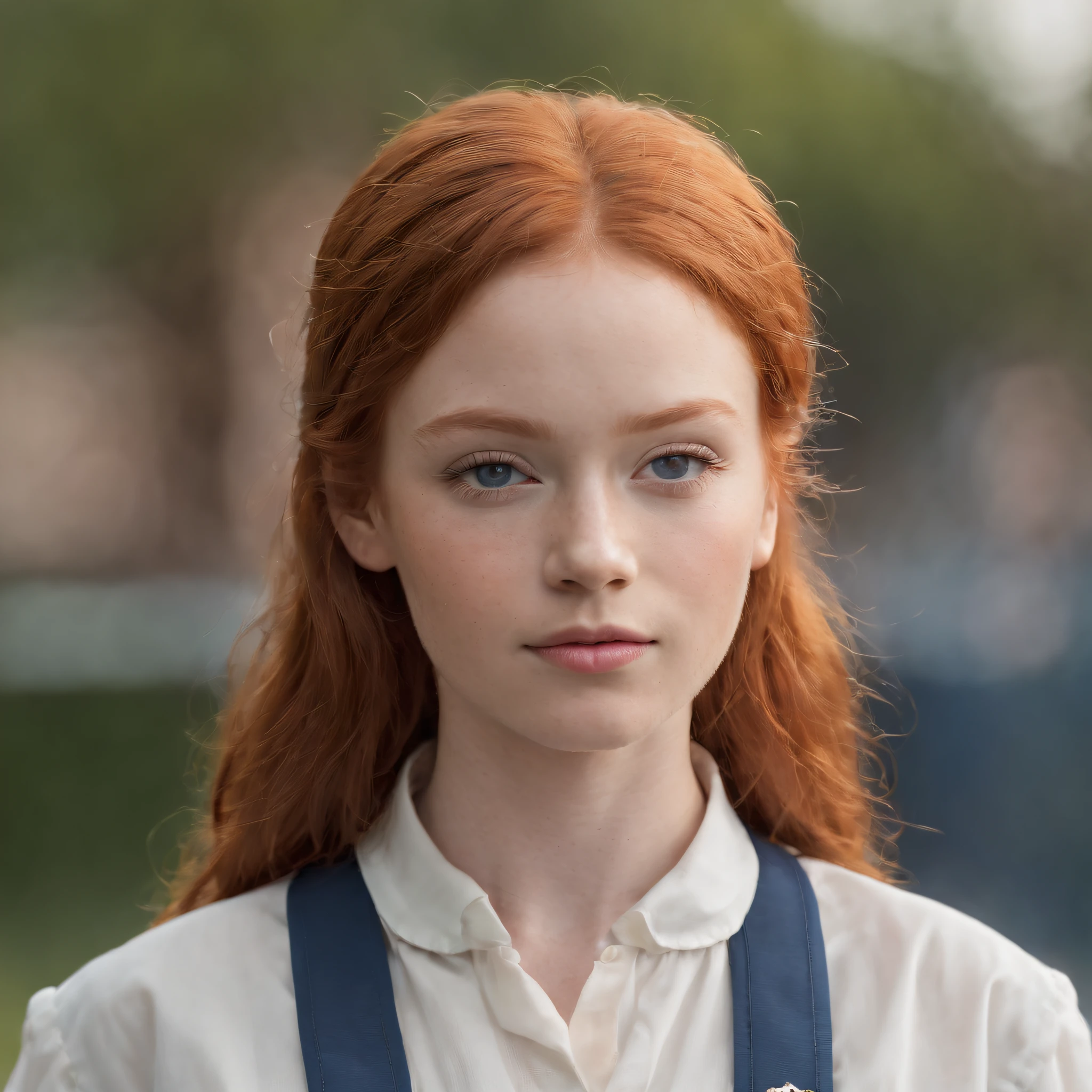 best quality, high detail, (detailed face), detailed eyes,((best quality, masterpiece)), (( caramel skinned ((ginger) (African)) mixed girl)), with (red hair) and (deep blue eyes) in school uniform, (arms at side:1.2), groin, small hip bones, loose hair, red hair, (((underboob))), standing, outdoors, facing camera
