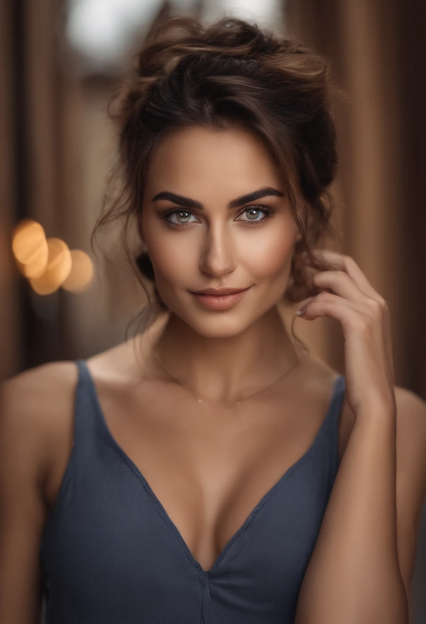 Brunette woman with a white tank top and necklace, fille sexy aux yeux marron, cheveux bruns et grands yeux, Selfie d'une jeune femme, Yeux de chambre, Violet Myers, maquillage naturel, looking straight at camera, Grand sourire , Maquillage subtil, piercing green eyes, Bel angle, pose attrayante, fille mignonne, Installing an identity card, portrait, look at camera, brunette goddess, High detail, pose satisfaite, textured skin, taches de rousseur au visage, (peau imparfaite:1.1), visible skin detail, latine, dressed from head to bust, photo portrait, ultra realist, photorealism, photographie, 8K UHD