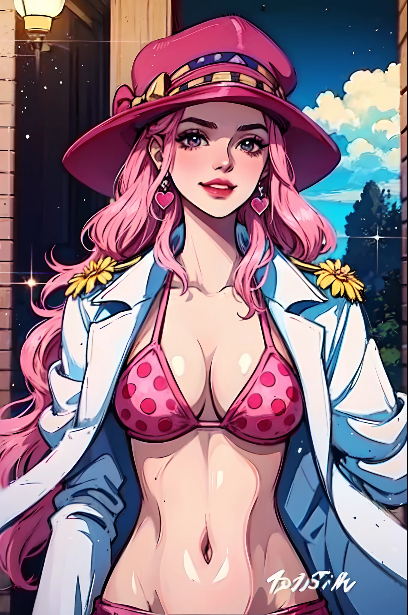 , Mature woman, pink hair, pink hat, bow, colored earrings, bikini, beautiful