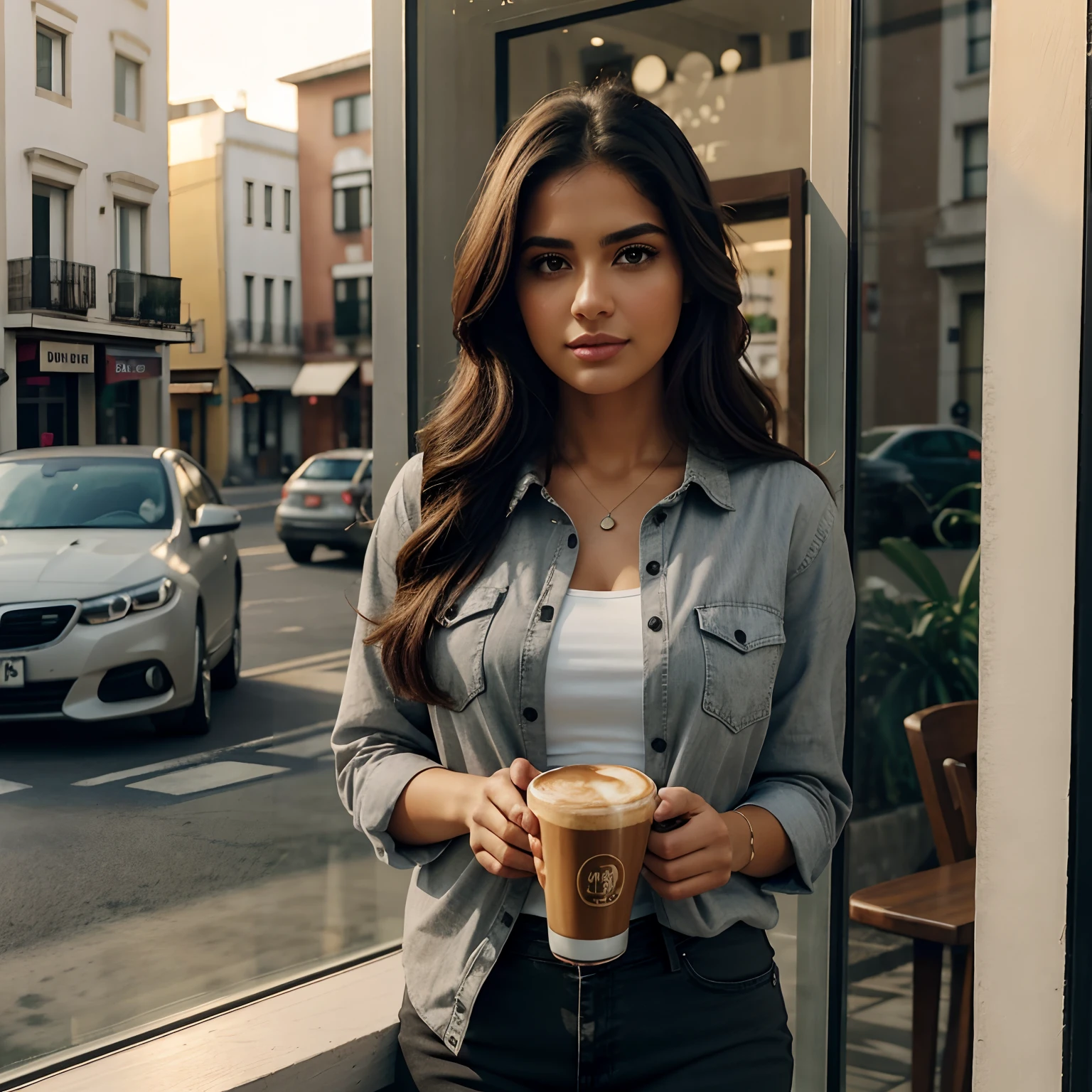 Beautiful Latina sipping a latte by a coffee shop window during sunset, piel clara, ojos marrones, cabello OSCURO, chaqueta de jean corta, collares, Grey shirt and black trousers, foto hiperrealista, Foto 8K, realista, detallado, senos grandes, caderas anchas