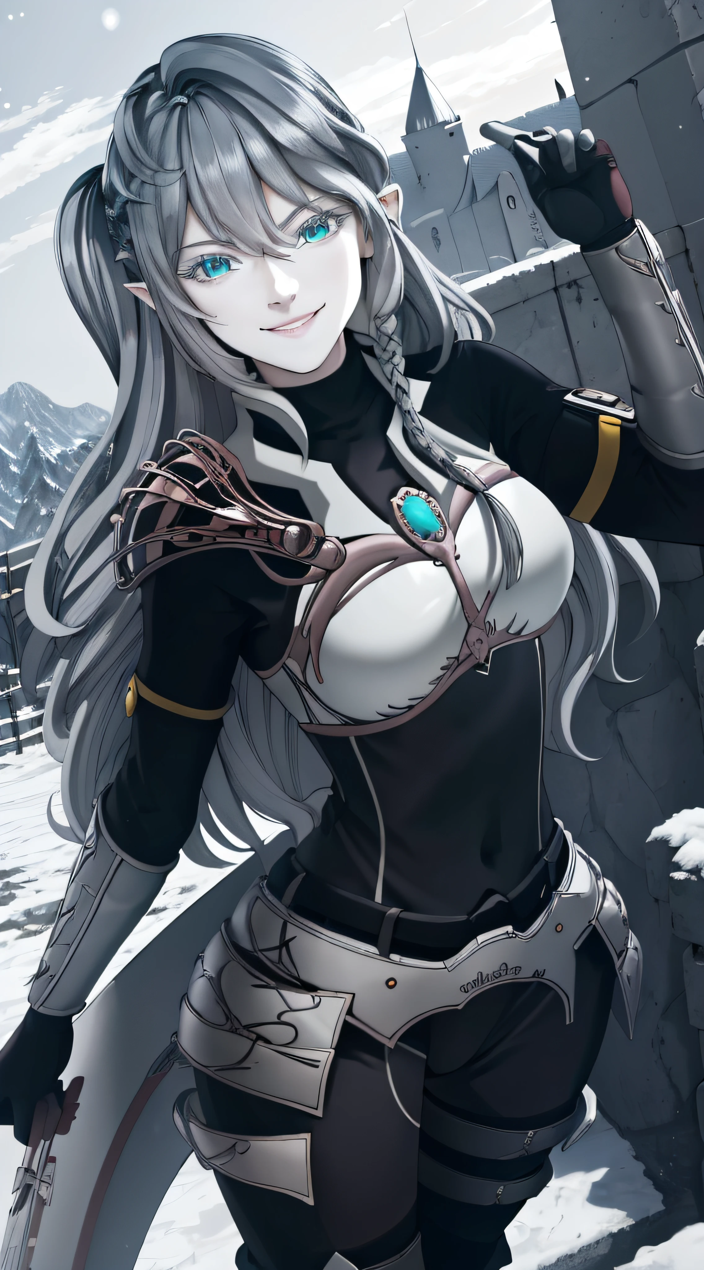 (masterpiece, best quality, absurdres), 1girl, solo, cowboy shot, tesBattle,  black bodysuit, armor, arms at sides, smile, looking at viewer, castle, snow