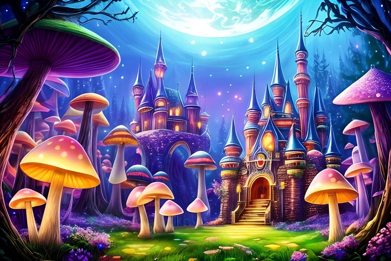 dream magical, Atmospheric, Enchanted, Dream Mushroom Forest, There is a mysterious castle,There are mushrooms and magic of all colors everywhere, Ethereal elves, glowing neon lights, Magical creatures roam among mushrooms, mystical ambiance, Whimsical charm, Vibrant colors, Fantastical Atmosphere, mysterious creature, glowing sprites, enchanting landscape, Magical light, Charming mushrooms, captivating lighting, Fantasy realm, otherworldly beauty, magical aura, mesmerizing charm, Ethereal charm, Charming elves, Vibrant and surreal, glowing mushrooms,A castle that emits a mysterious light,surreal dreamscape, Mystic energy, Field of magic, Charming mushrooms, Charming and magical, flashing lights, Dreamy atmosphere, fantastical landscapes, Whimsical castle, Breathtaking landscapes, Glamorous spirits, attractive beautiful, Ethereal charm, whimsically,with dynamism, otherworldly realm, A brightly lit wonderland.