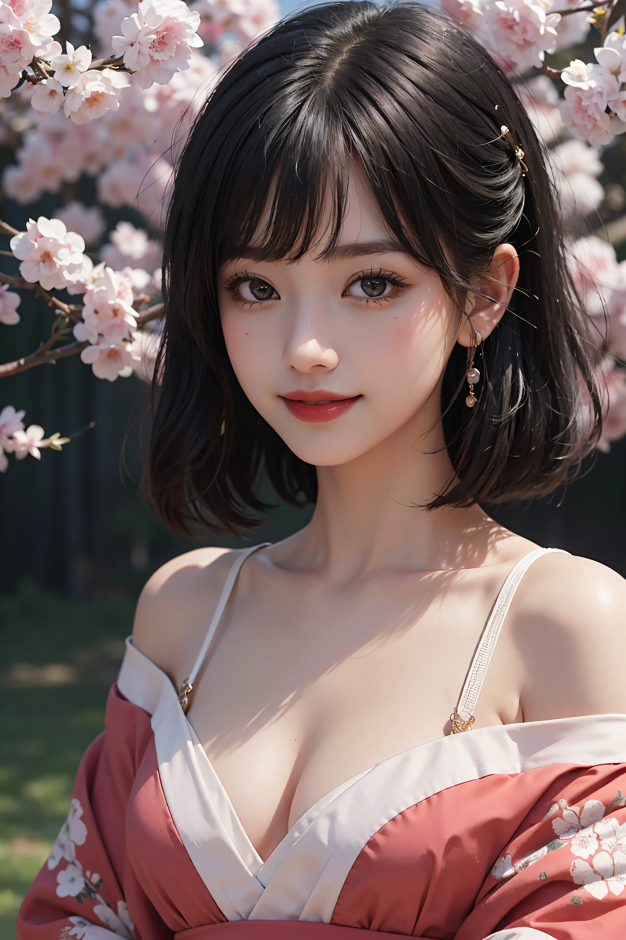 best quality, masterpiece, ultra high res, RAW, 8k, ultra-realistic, young girl, offshoulder, smile, natural light, detailed skin, (black hair:1.4), red lipstick, (Bangs:1.2), ((Sakura Background)), extremely beautiful eyes, wearing kimono_clothes, Red Kimono