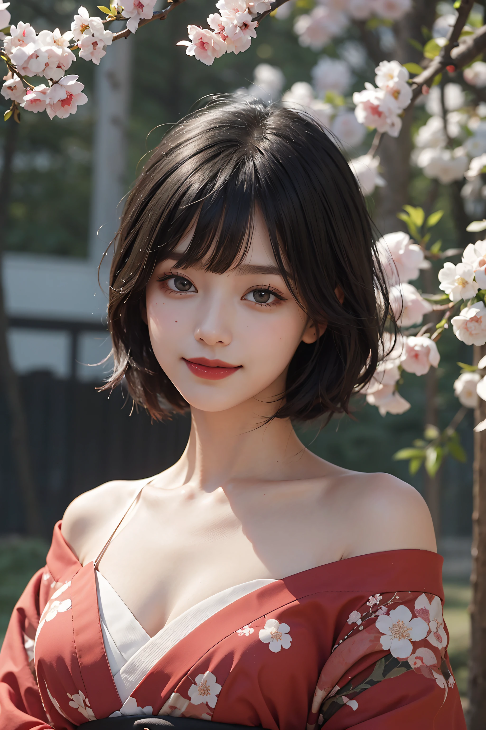 best quality, masterpiece, ultra high res, RAW, 8k, ultra-realistic, young girl, offshoulder, smile, natural light, detailed skin, (black hair:1.4), red lipstick, (Bangs:1.2), ((Sakura Background)), extremely beautiful eyes, wearing kimono_clothes, Red Kimono