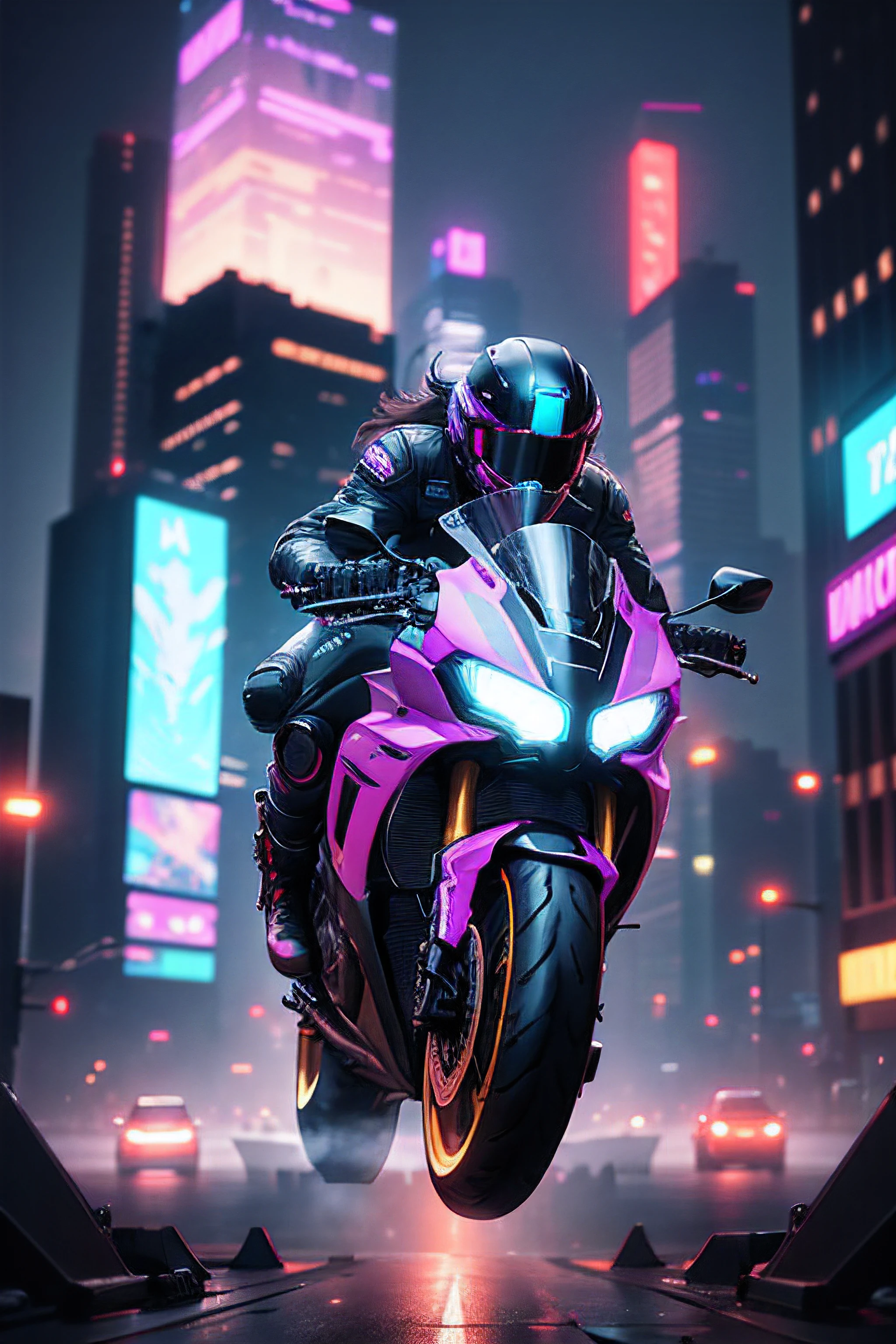 /imagine prompt: An urban cyberpunk cityscape, a futuristic motorcycle racer zooming through neon-lit streets, the city's skyscrapers towering above with holographic billboards, a sense of high-speed energy and adrenaline, Digital art, with a focus on the interplay of light and shadow, --ar 16:9 --v 5