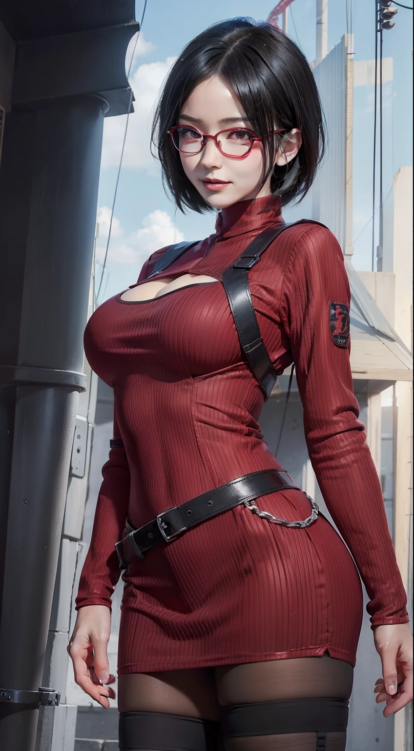1girl, uchiha sarada in anime boruto, short hair, black hair, red eyes, smile, beautiful, sexy dress, sexy clothes, red clothes, wear red glasses, very big breast, realistic clothes, detail clothes, outdoor background, ultra detail, realistic