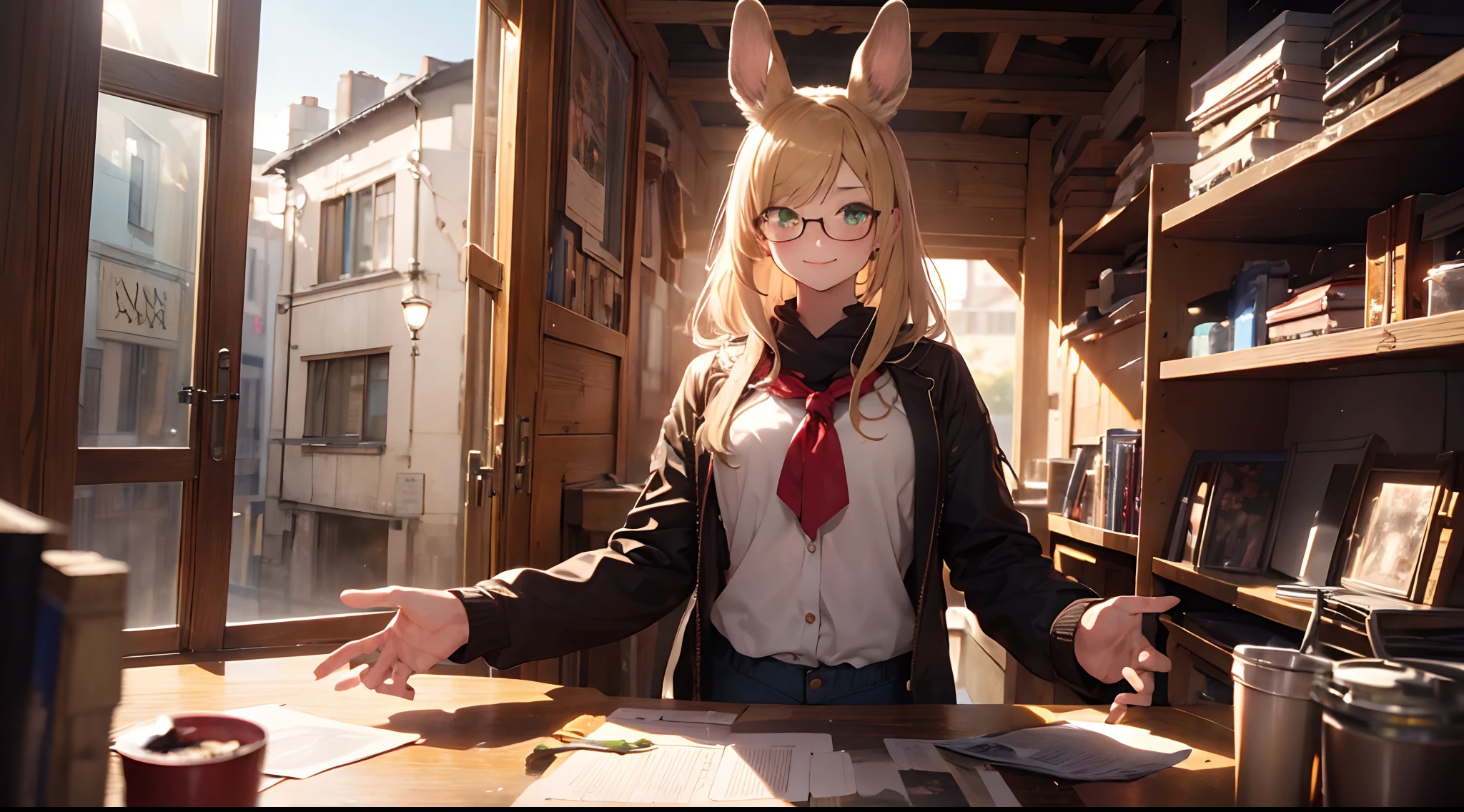 (Masterpiece, Best Quality, Very Detailed CG, Intricate Details: 1.2), 8k Wallpaper, Masterpiece, Best Quality, Award-Limited, High Quality, Super Detail, High Detail, Textured Skin, Cute, UHD, Anatomically Correct, girl, viera, long blonde hair, smiling face, light freckles, green eyes, perfect eyes, , eyeglasses, black eyeliner, red lipstick