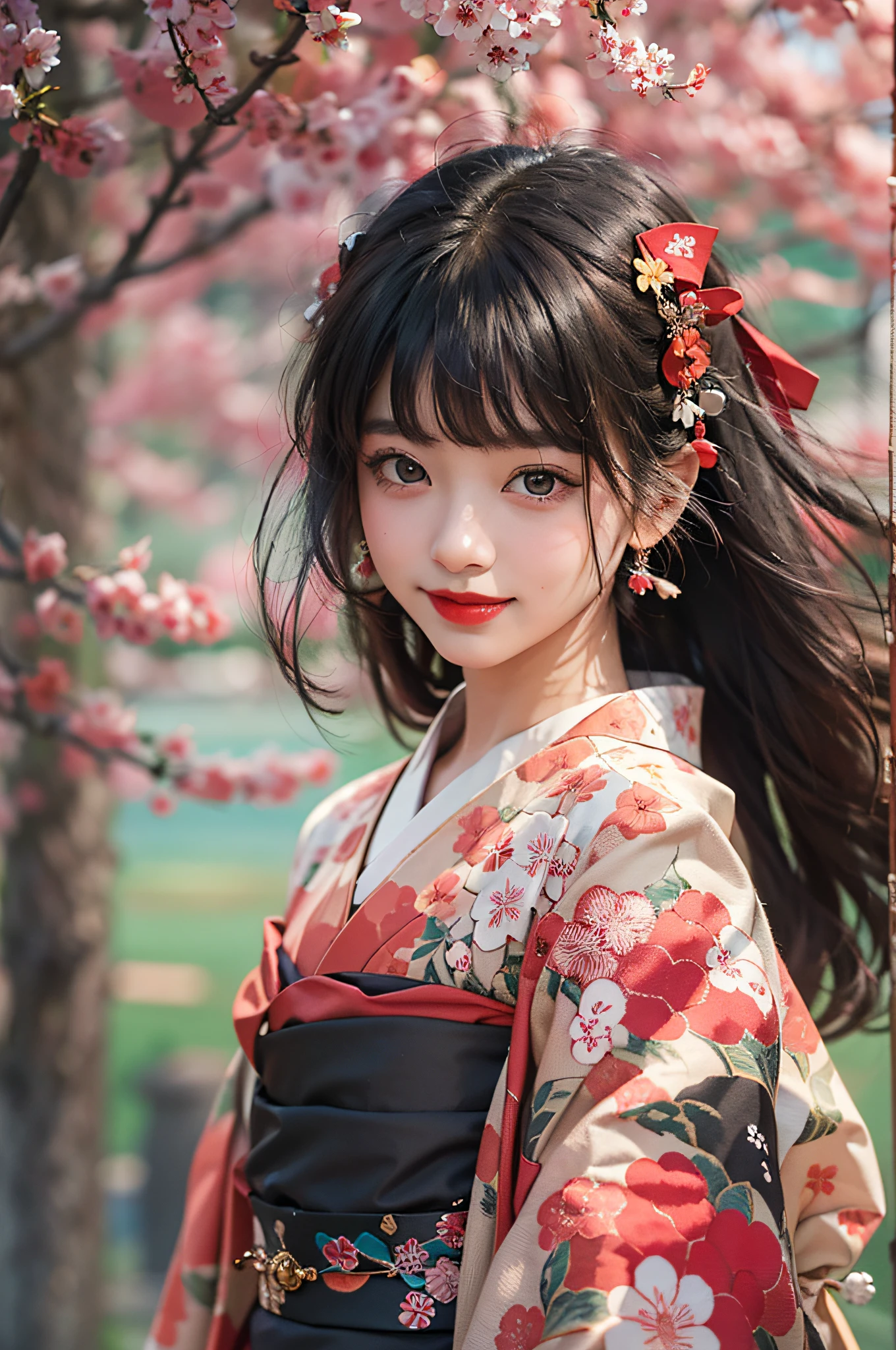 best quality, masterpiece, ultra high res, RAW, 8k, ultra-realistic, young girl, offshoulder, smile, natural light, detailed skin, (black hair:1.4), red lipstick, (Bangs:1.2), ((Sakura Background)), extremely beautiful eyes, wearing kimono_clothes,