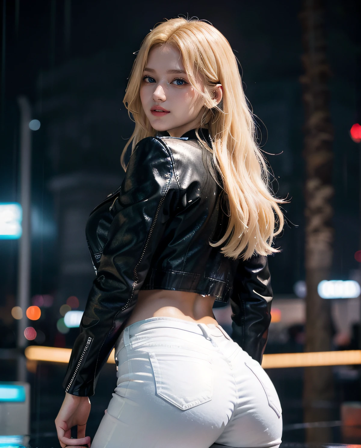 1girl, Blue eyes, (smiling), (Sana Minatozaki), wide hips, Big Boobs, big ass, (Best Quality, 8k, Masterpiece: 1.3), perfect hands, Clear Focus: 1.2, Perfect Body Beauty: 1.4 , Slender Abs: 1.2, Highly detailed face and skin texture, detailed eyes, double eyelids, (blonde long hair), (black t-shirt and leather jacket), (white jeans), standing, dynamic pose, on the streets of a futuristic city illuminated by neon signs, (heavy rain :1.3), deep on field