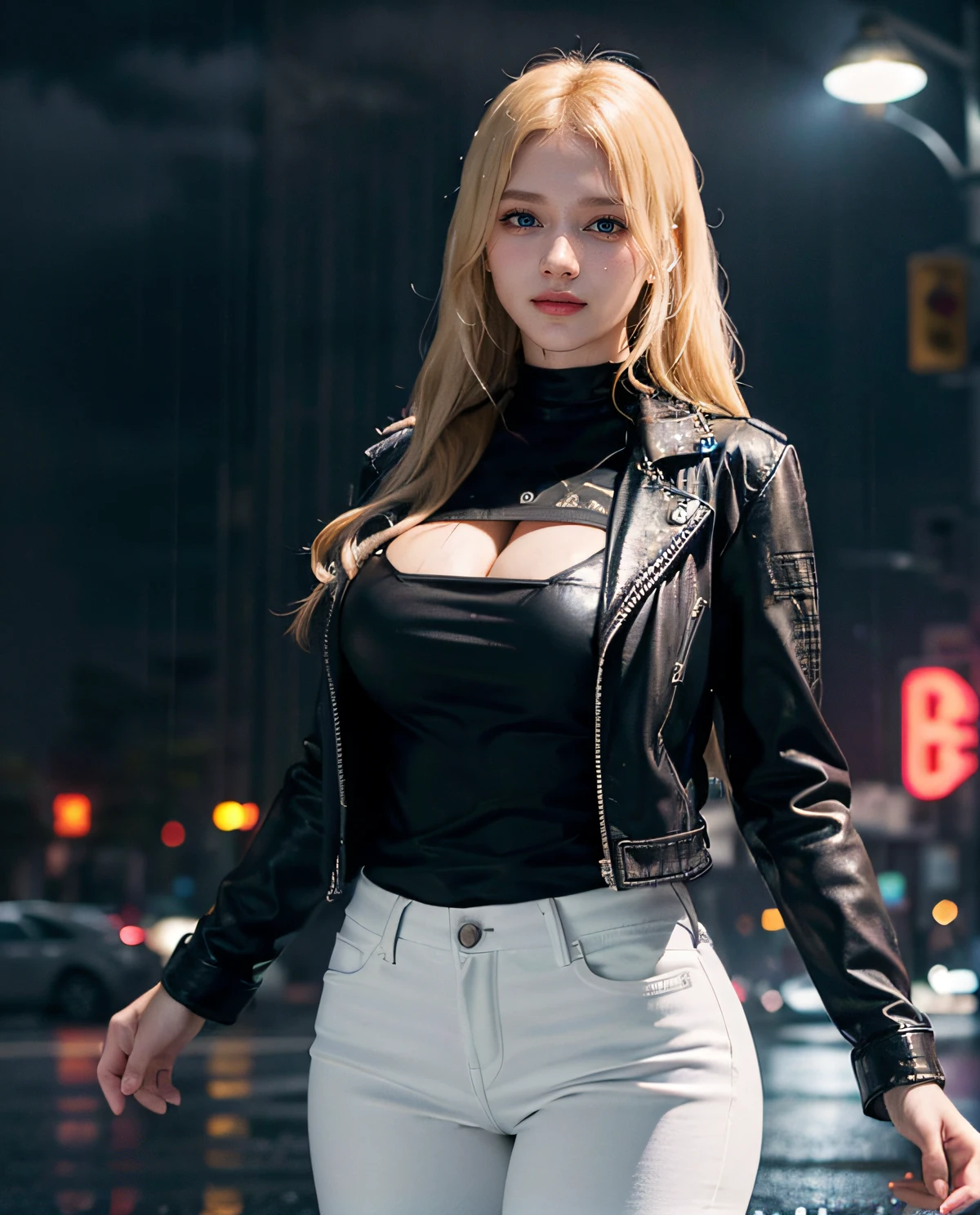 1girl, Blue eyes, (smiling), (Sana Minatozaki), wide hips, Big Boobs, big ass, (Best Quality, 8k, Masterpiece: 1.3), perfect hands, Clear Focus: 1.2, Perfect Body Beauty: 1.4 , Slender Abs: 1.2, Highly detailed face and skin texture, detailed eyes, double eyelids, (blonde long hair), (black t-shirt and leather jacket), (white jeans), standing, dynamic pose, on the streets of a futuristic city illuminated by neon signs, (heavy rain :1.3), deep on field