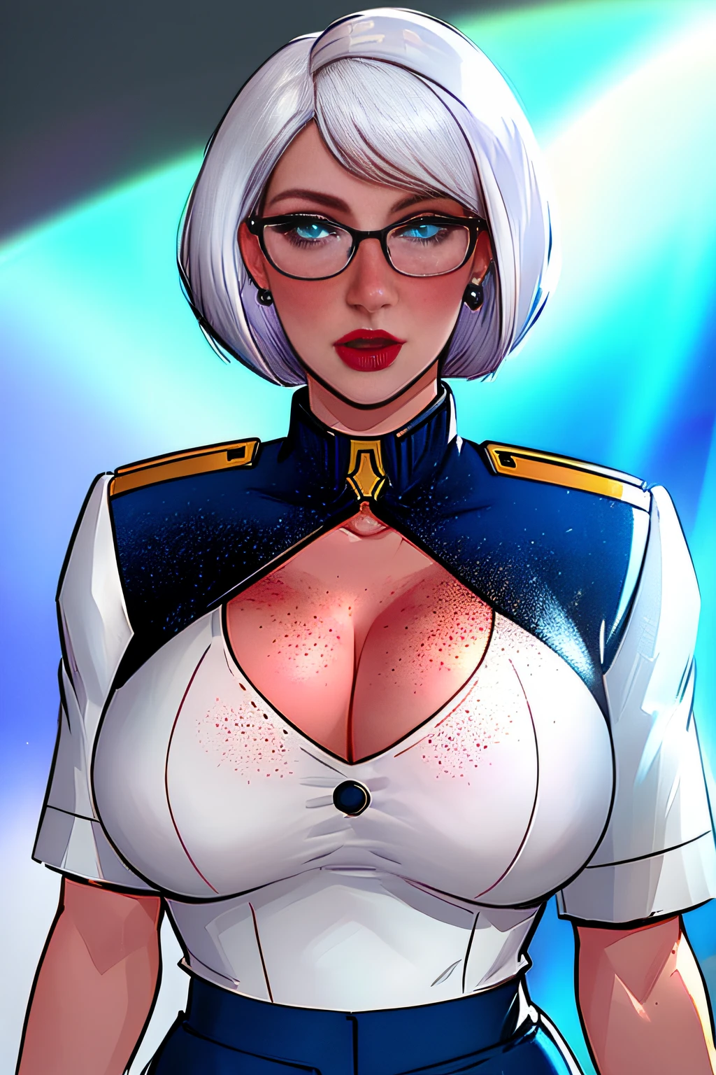 ch3rryg1g, (portrait of beautiful white Woman), super model, stunning, gorgeous, 1 Girl, large Boobs:1.5), (bob cut white hair), (sci fi uniform, uniform pants, cleavage), blue eye color: 1.5, ((freckles)), ((glasses)), Perfect Body, Ultra Detailed Face, Detailed Lips, Fine Eyes, double eyelids, painted nails, earrings, colored lipstick, detailed hand,