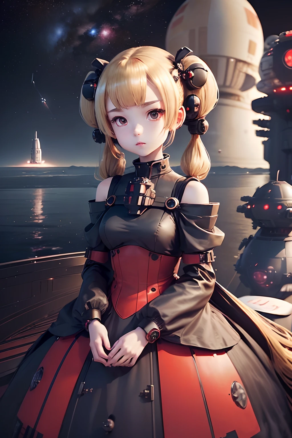 (masutepiece), (Best Quality), (Best Detail), (Distant general perspective),(Off-the-shoulder red gothic dress), (((Playing a grand piano))), Very detailed face, sci-fi style,Futuristic landscape, Night (For months), shading ( A lot of contrast）,(((Petite girl with blonde twin tails))),(((Space Battleship))),(((Unknown Planet)))