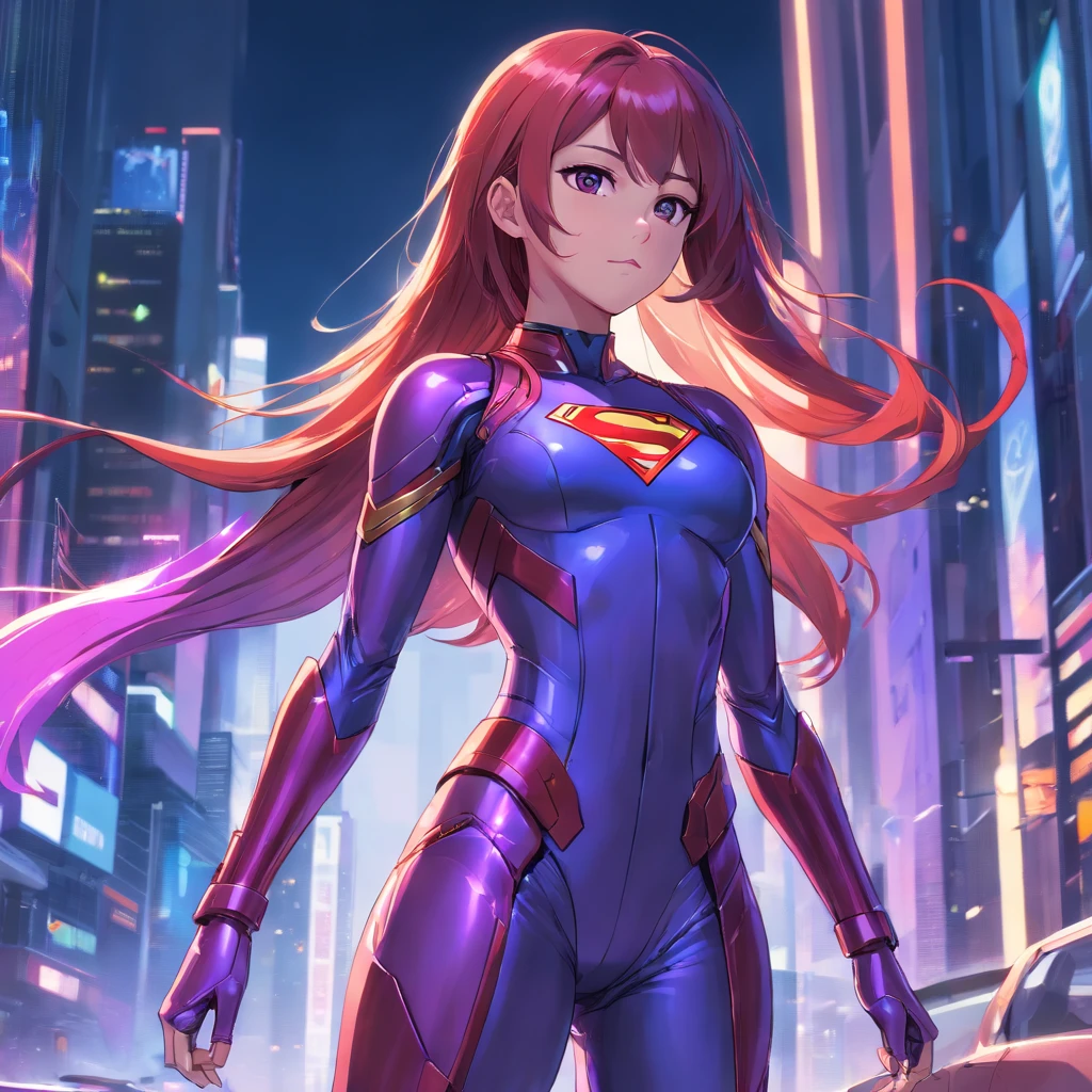 8K, Realistic depiction of an advanced cybersuit in purple, Red Long Hair, full body shot, Supergirl из DC Comics.