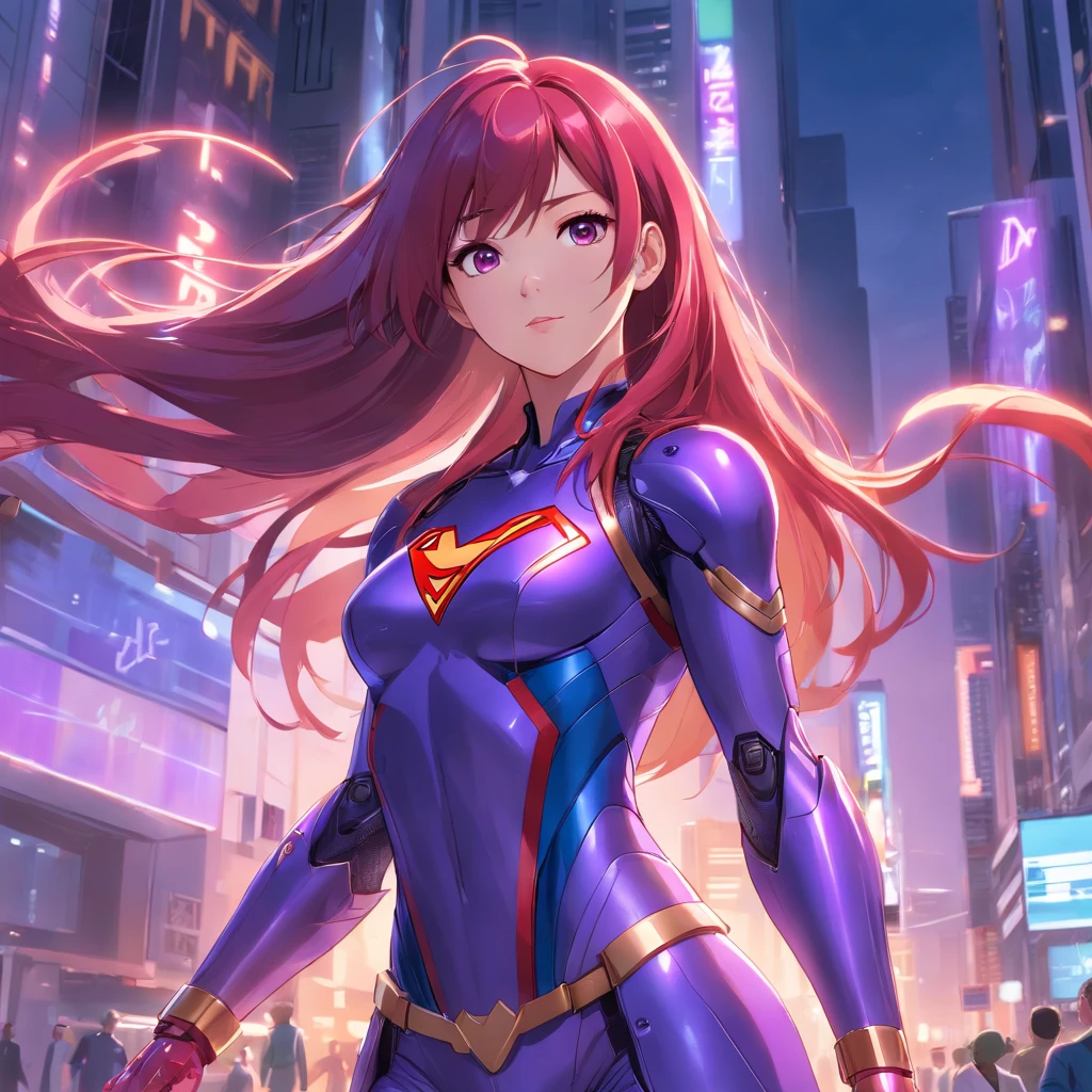 8K, Realistic depiction of an advanced cybersuit in purple, Red Long Hair, full body shot, Supergirl из DC Comics.