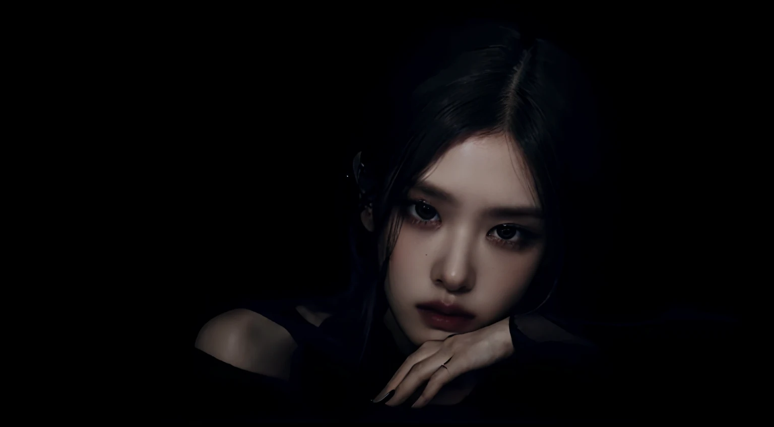 (best quality, highres:1.2), realistic, black dress, black hair, dark theme, black background, intense gaze, elegant posture, flowing dress, detailed facial features, long eyelashes, pale skin, contrast, fine details, dramatic atmosphere, gothic style, intense emotions, monochrome color palette, captivating setting, haunting beauty, artistic photography, everything is black