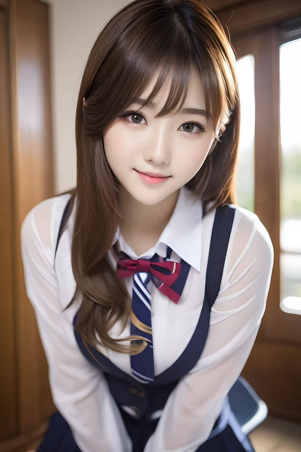 ((8K, Raw photo, Best Quality, masutepiece:1.3)), ultra-detailliert, 超A high resolution, high-definition RAW color photography, Photo of Pretty Japanese school girl,crass room,School uniform,((Brown hair,midium breasts:1.1)),Looking at Viewer,professional photograpy, extremely delicate and beautiful, amazing, finely detail, highly detailed beautiful girl, extra detailed face, extremely detailed eye, highlydetailed skin, extremely detailed fingers, highly detailed nose, highly detail mouth,(Perfect Anatomy),1girl in,Perfect Body Beauty: 1.4,Highly detailed facial and skin texture, Fine eyes, Double eyelids, Whitening skin, Very smiling,