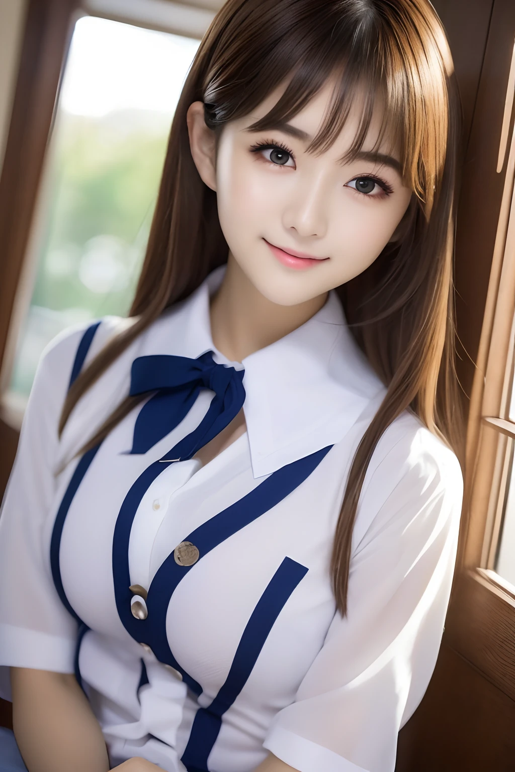 ((8K, Raw photo, Best Quality, masutepiece:1.3)), ultra-detailliert, 超A high resolution, high-definition RAW color photography, Photo of Pretty Japanese school girl,crass room,School uniform,((Brown hair,midium breasts:1.1)),Looking at Viewer,professional photograpy, extremely delicate and beautiful, amazing, finely detail, highly detailed beautiful girl, extra detailed face, extremely detailed eye, highlydetailed skin, extremely detailed fingers, highly detailed nose, highly detail mouth,(Perfect Anatomy),1girl in,Perfect Body Beauty: 1.4,Highly detailed facial and skin texture, Fine eyes, Double eyelids, Whitening skin, Very smiling,