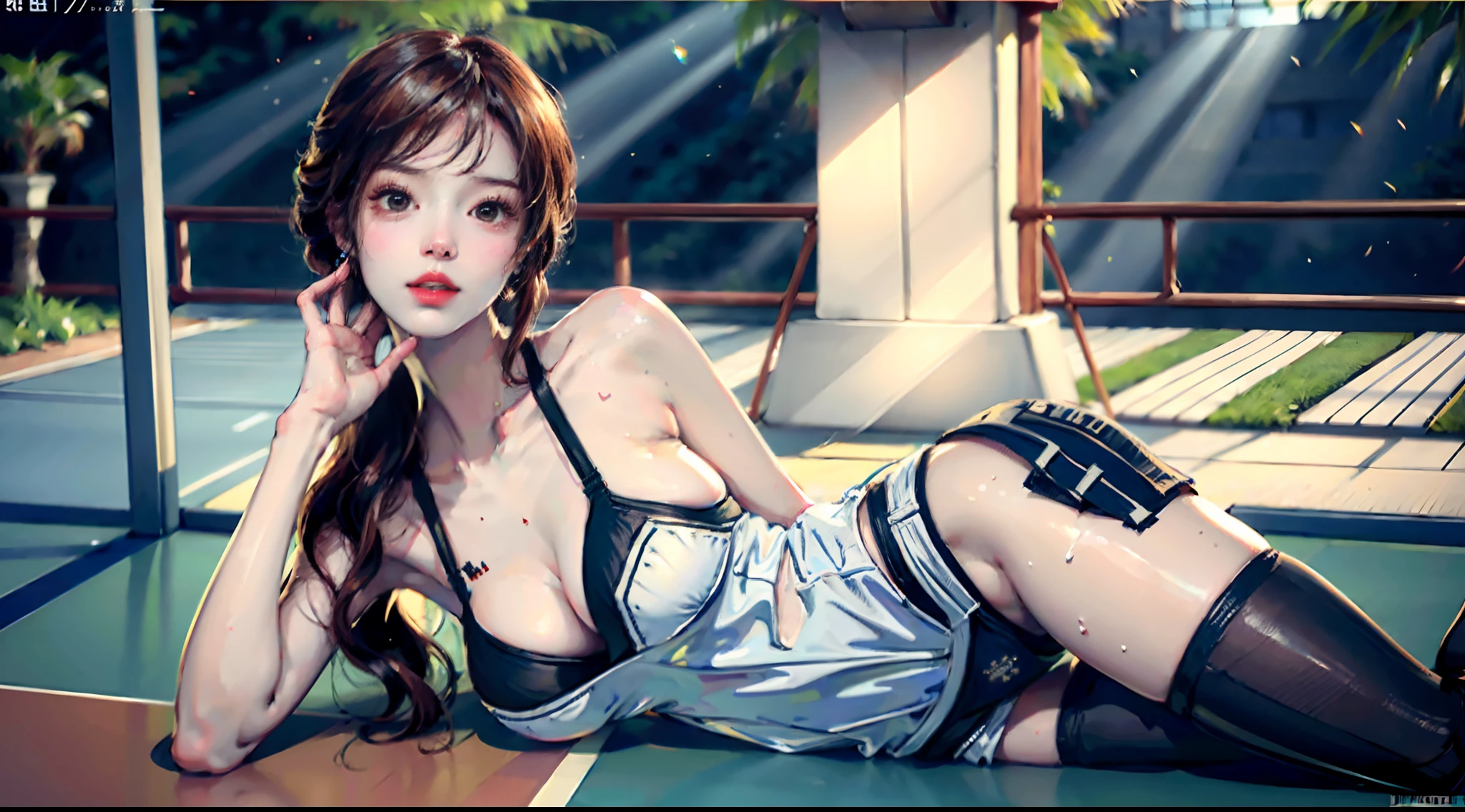 (8K,best qualtiy,tmasterpiece:1.2),(realisticlying,realisticlying:1.37),ultra - detailed,best qualtiy,超高分辨率,profesional lighting,photon maping,Radio City,physically-based renderingt,cinmatic lighting,basketball playground,depth of fields,Clear focus,rays of sunshine,well-composed,(Bokeh:1.2) 1girll,Solo,(full bodyesbian),美丽细致的眼睛,???? poses,a narrow waist,White tulle tights,Sweat all over the body,The tights were soaked with sweat,brunette color hair,messy hair,Long hair flutters in the wind,(Ulzzang-6500:1.2) mix4, hiqcgbody