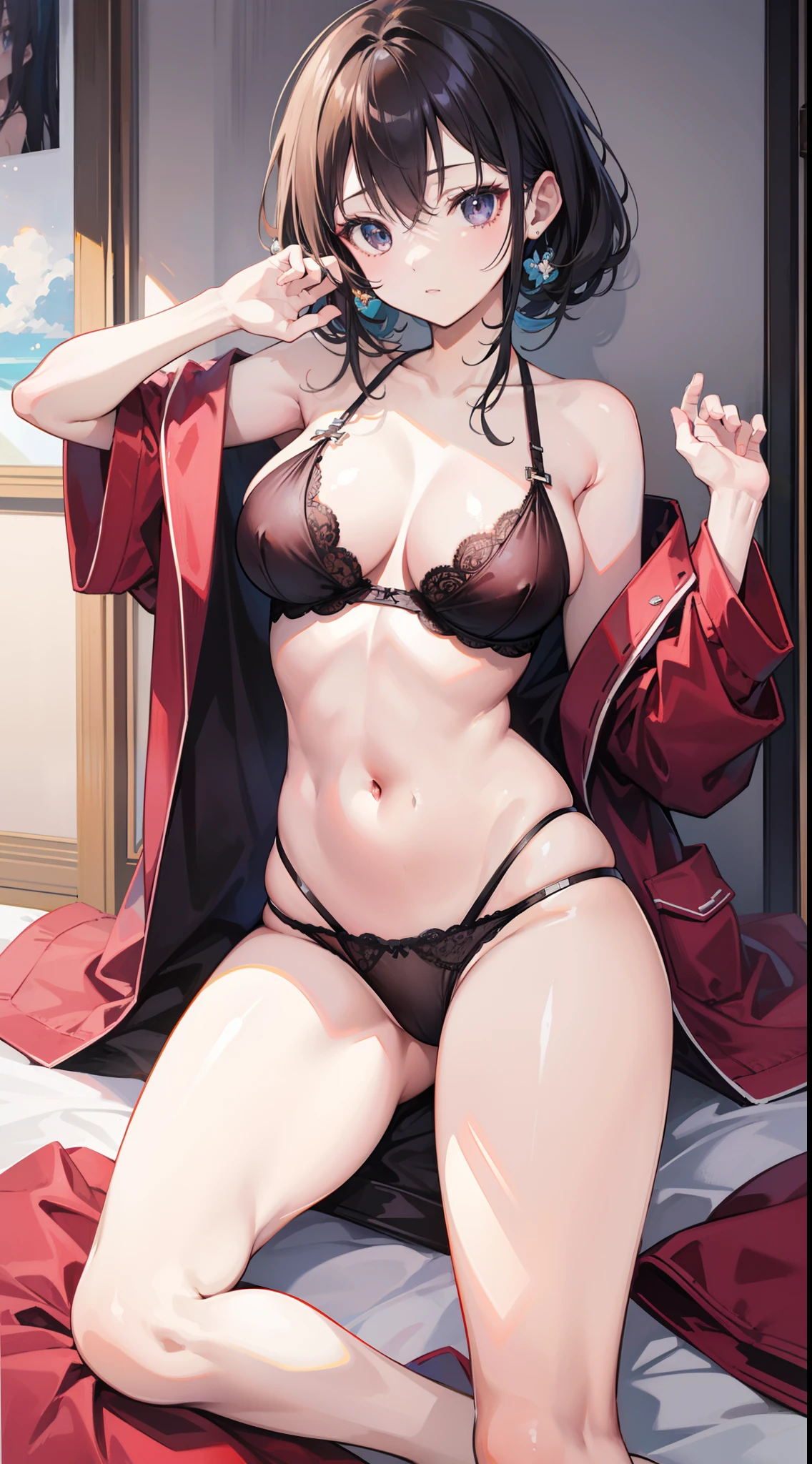 masutepiece、hight resolution、1girl in、in one's underwear only、Brown lingerie、large full breasts、bending forward、Poses that emphasize breasts、Cute anime illustration、