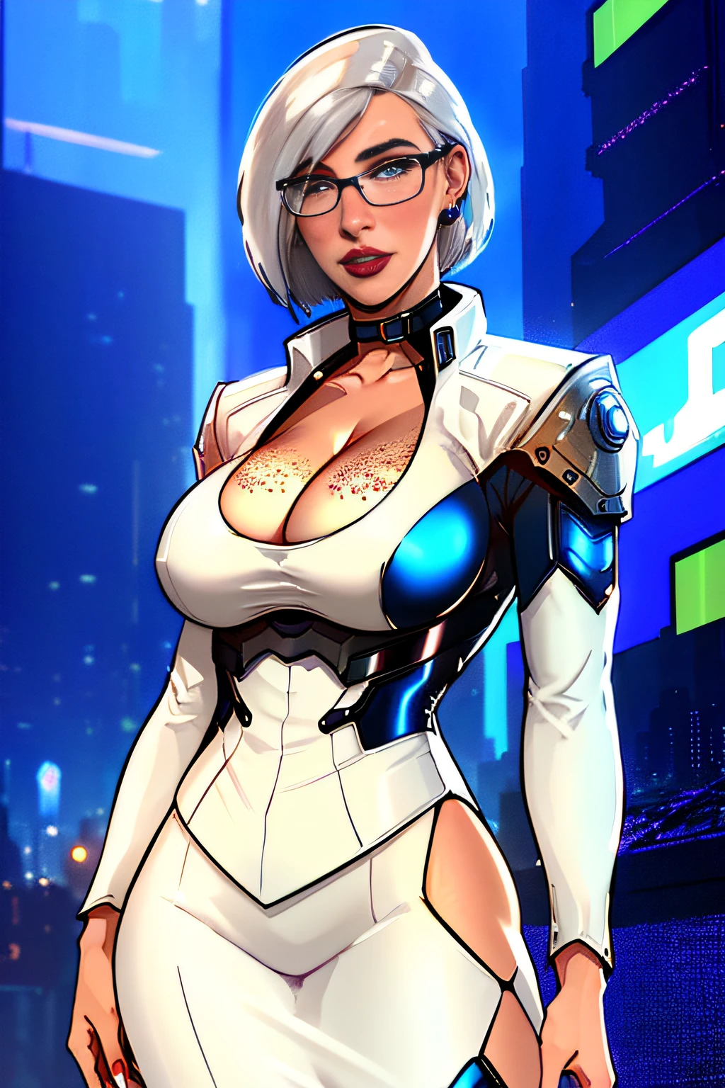 ch3rryg1g, ((masterpiece)), Caucasian, woman, stunning, gorgeous, 1 Girl, large Boobs, bob cut, white hair, ((cyberpunk business suit, cleavage)), blue eye color: 1.5, ((freckles)), ((glasses)), fingernails, earrings, lipstick, detailed hand, full lips, cyberpunk city background, ((standing))