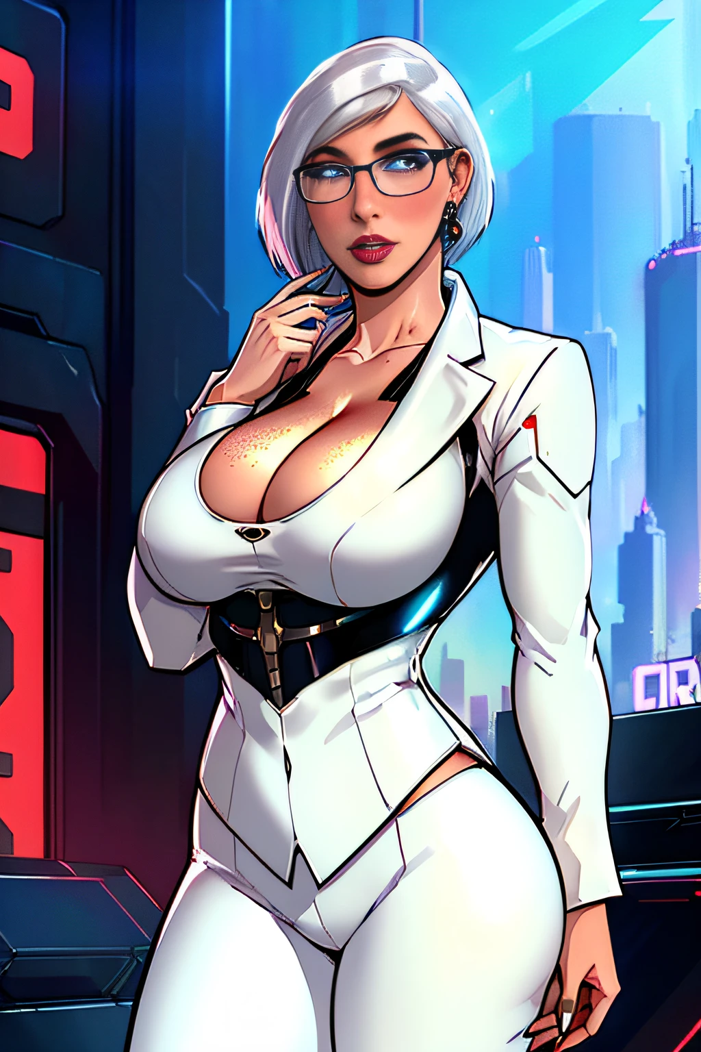ch3rryg1g, ((masterpiece)), Caucasian, woman, stunning, gorgeous, 1 Girl, large Boobs, bob cut, white hair, ((cyberpunk business suit, cleavage)), blue eye color: 1.5, (freckled face), ((glasses)), fingernails, earrings, lipstick, detailed hand, full lips, cyberpunk city background, ((standing))