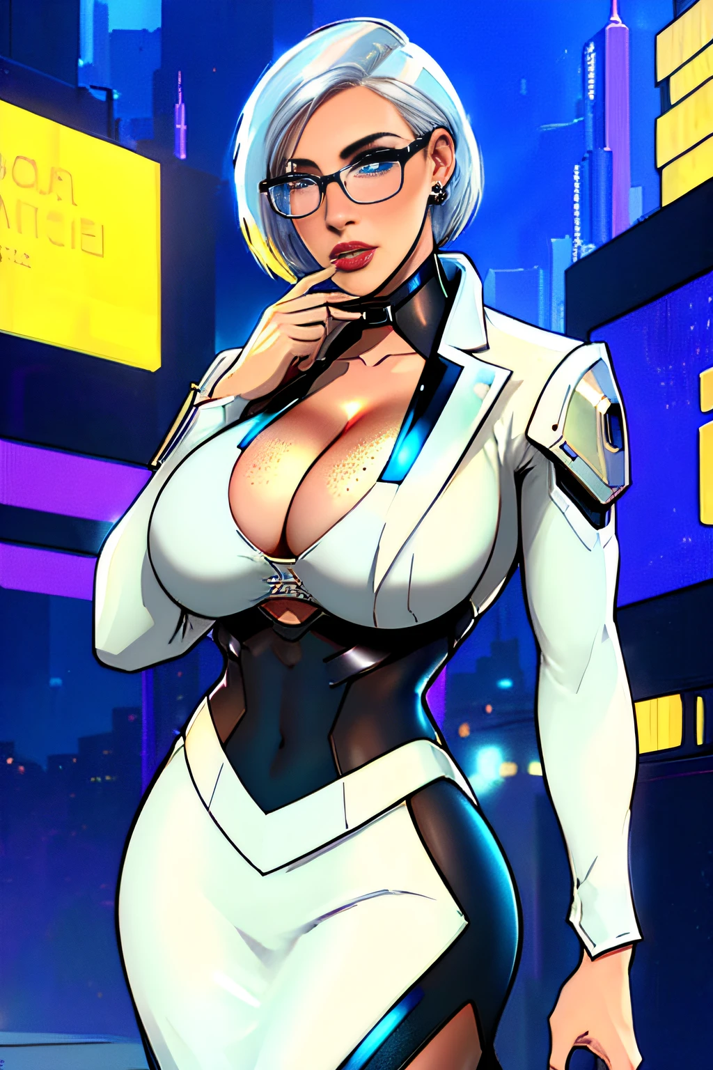 ch3rryg1g, ((masterpiece)), Caucasian, woman, stunning, gorgeous, 1 Girl, large Boobs, bob cut, white hair, ((cyberpunk business suit, cleavage)), blue eye color: 1.5, (freckled face), ((glasses)), fingernails, earrings, lipstick, detailed hand, full lips, cyberpunk city background, ((standing))